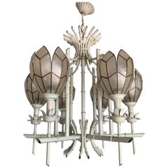 Pendelleuchte/Kronleuchter aus weißem Metall mit Bambus- und Blumendesign, Mid-Century