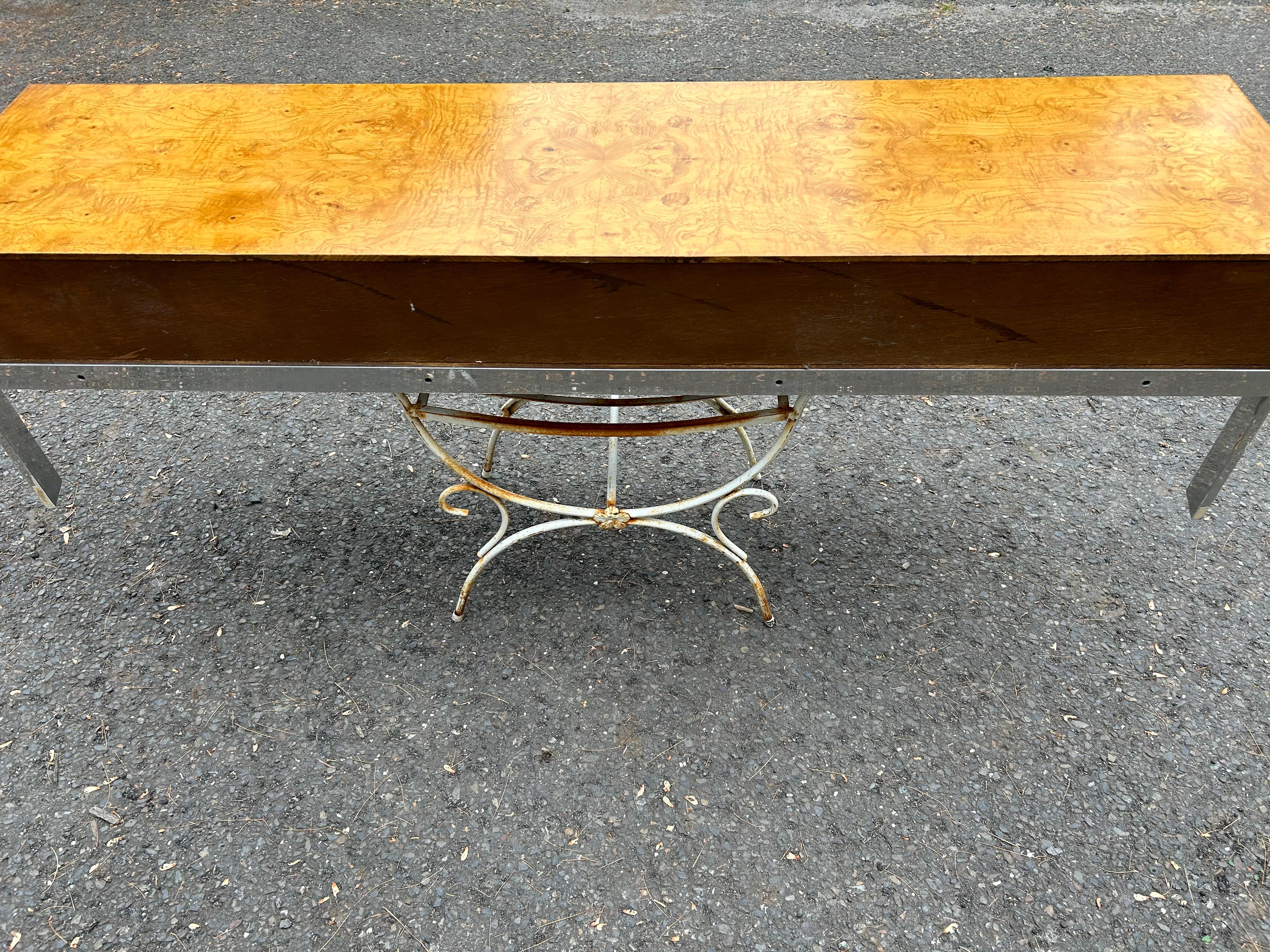 Stylish Milo Baughman style Burl Wood Chrome Floating Wall Console Shelf In Good Condition In Pemberton, NJ