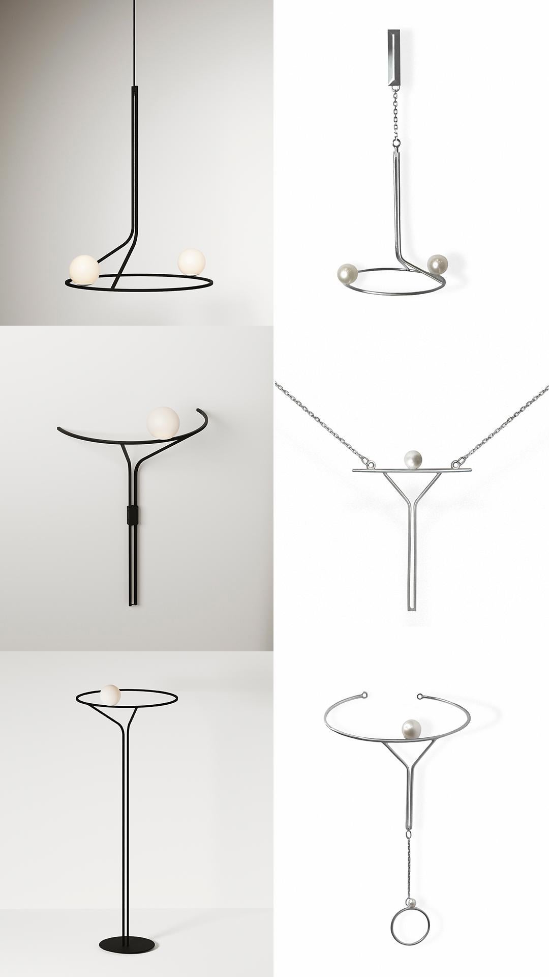 Stilvolle minimalistische Contemporary Pendelleuchte Na Linii, Pair Set Opalglas (Stahl) im Angebot