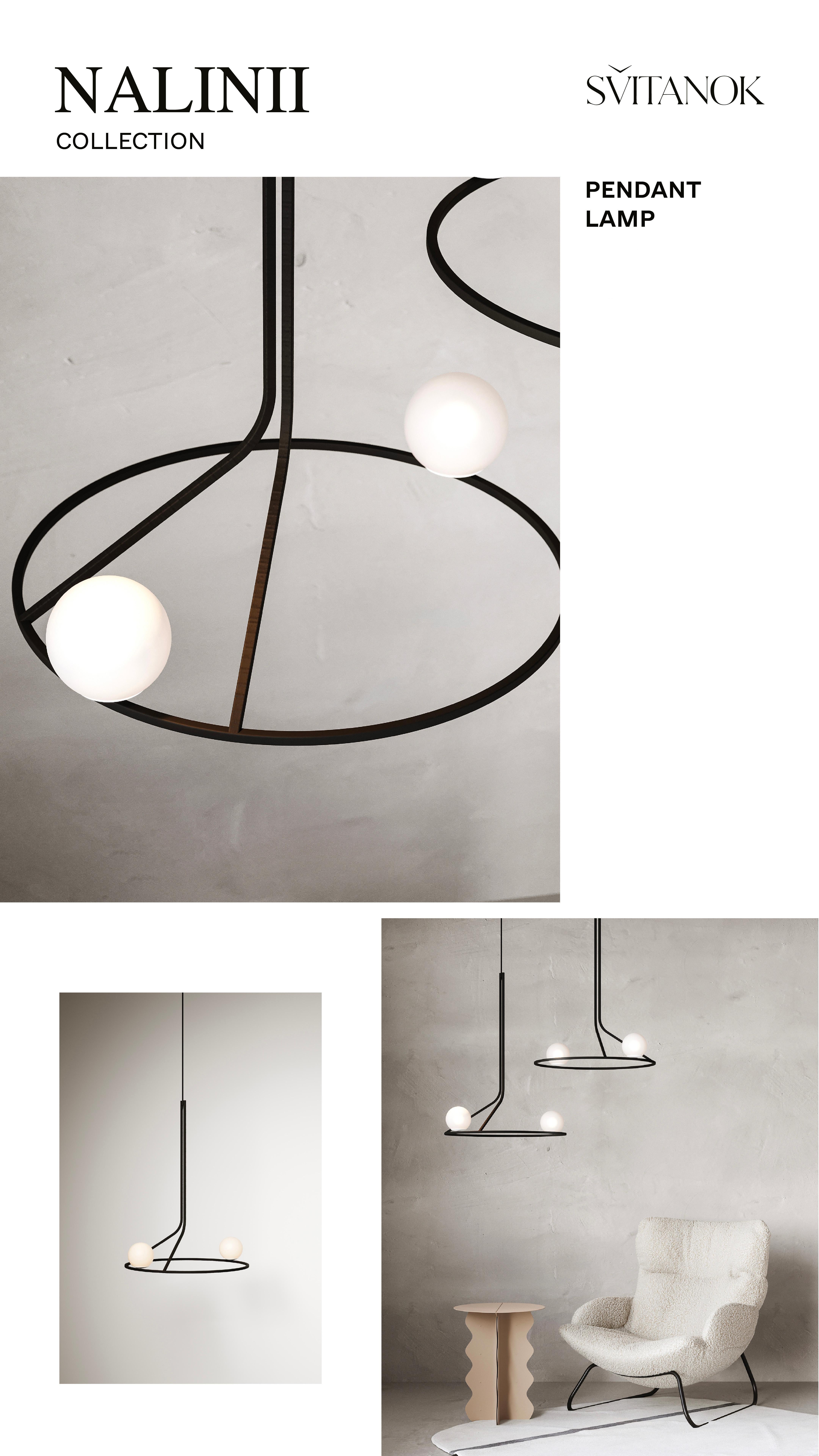 Stilvolle minimalistische Contemporary Pendelleuchte Na Linii, Pair Set Opalglas im Angebot 12