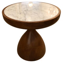 Stylish Mod Round Walnut & Marble Mushroom Shaped End Table