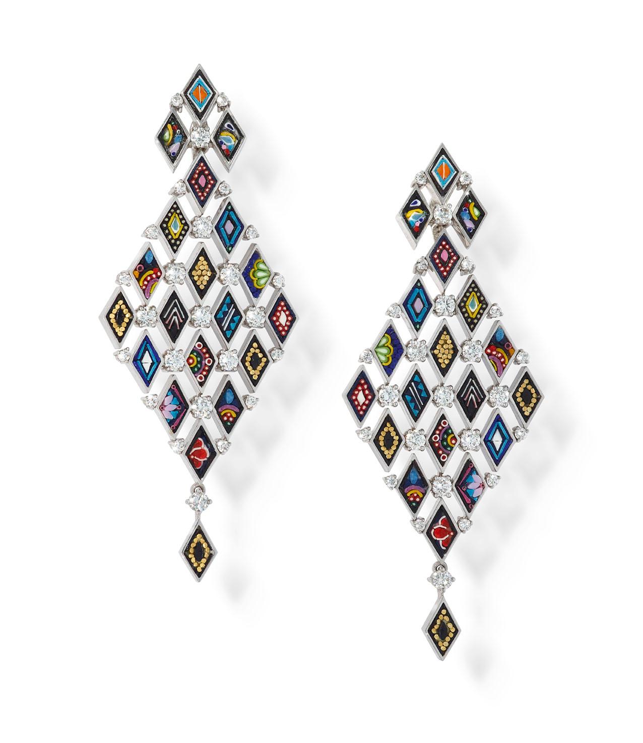 Brilliant Cut Stylish Modern Earrings White Gold White Diamonds HandDecorated with MicroMosaic For Sale