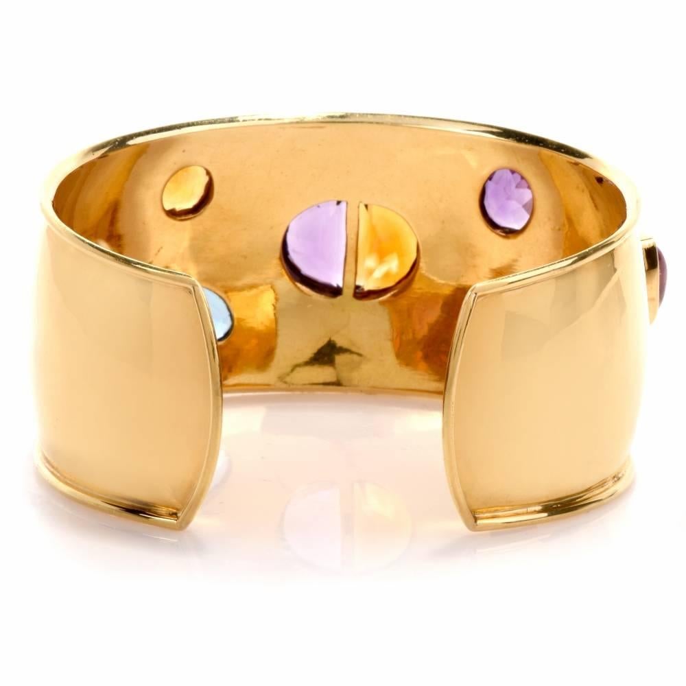 Stylish Multi-Gem Wide 18 Karat Gold Cuff Bracelet Signed Muzo In Excellent Condition In Miami, FL