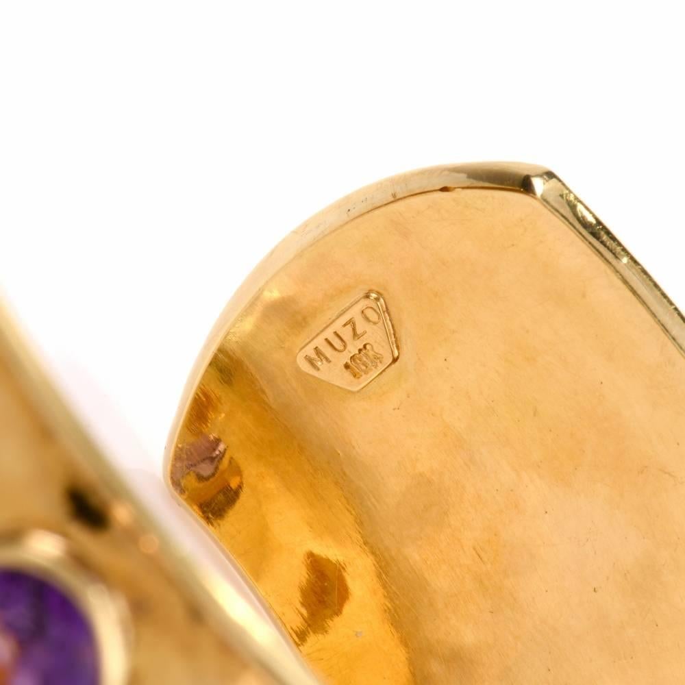 Women's Stylish Multi-Gem Wide 18 Karat Gold Cuff Bracelet Signed Muzo