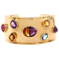Stylish Multi-Gem Wide 18 Karat Gold Cuff Bracelet Signed Muzo