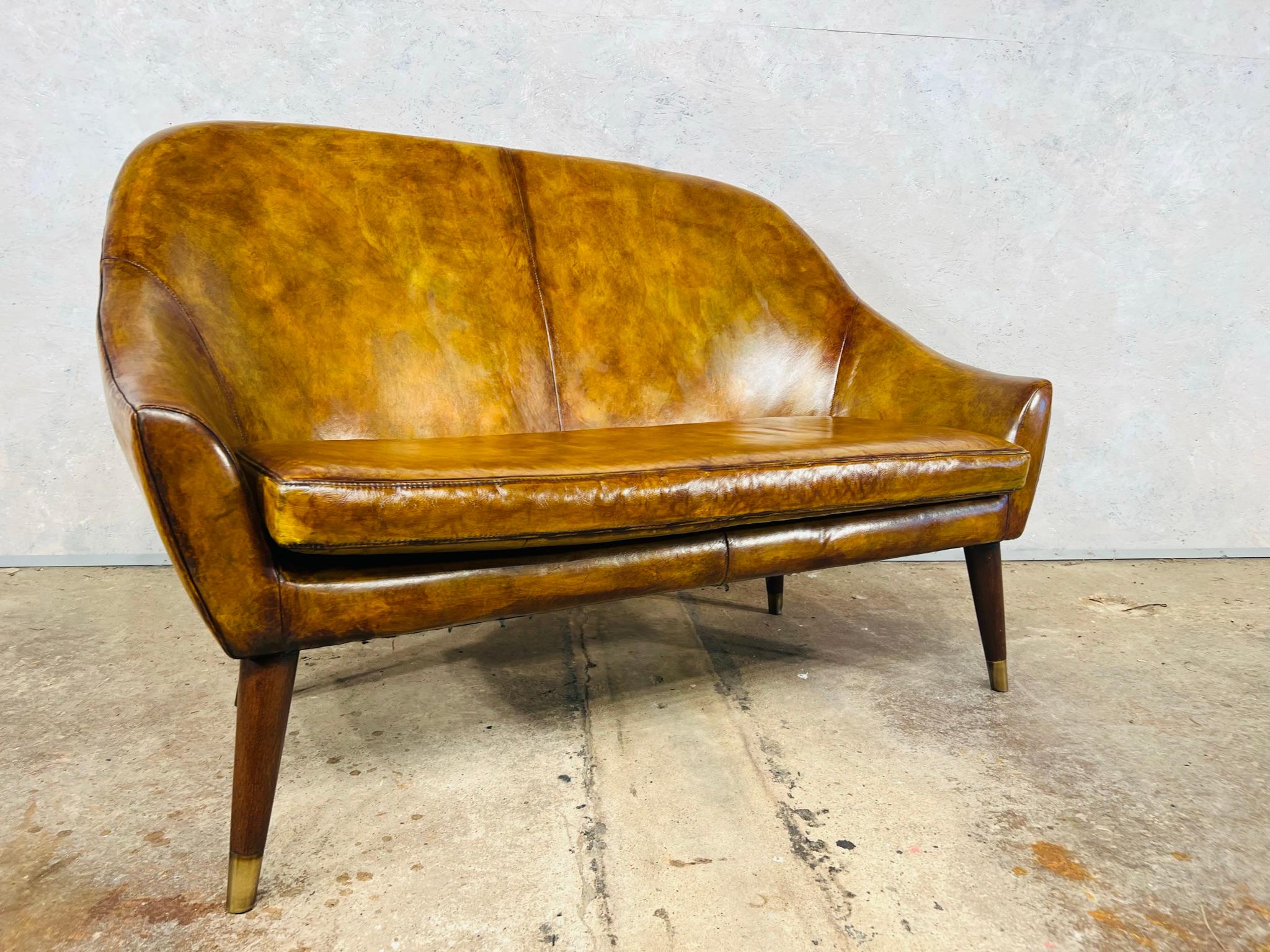 Stylish Neat Light Tan Leather Two Seater Sofa Mahogany Brass Capped Legs #604 For Sale 1