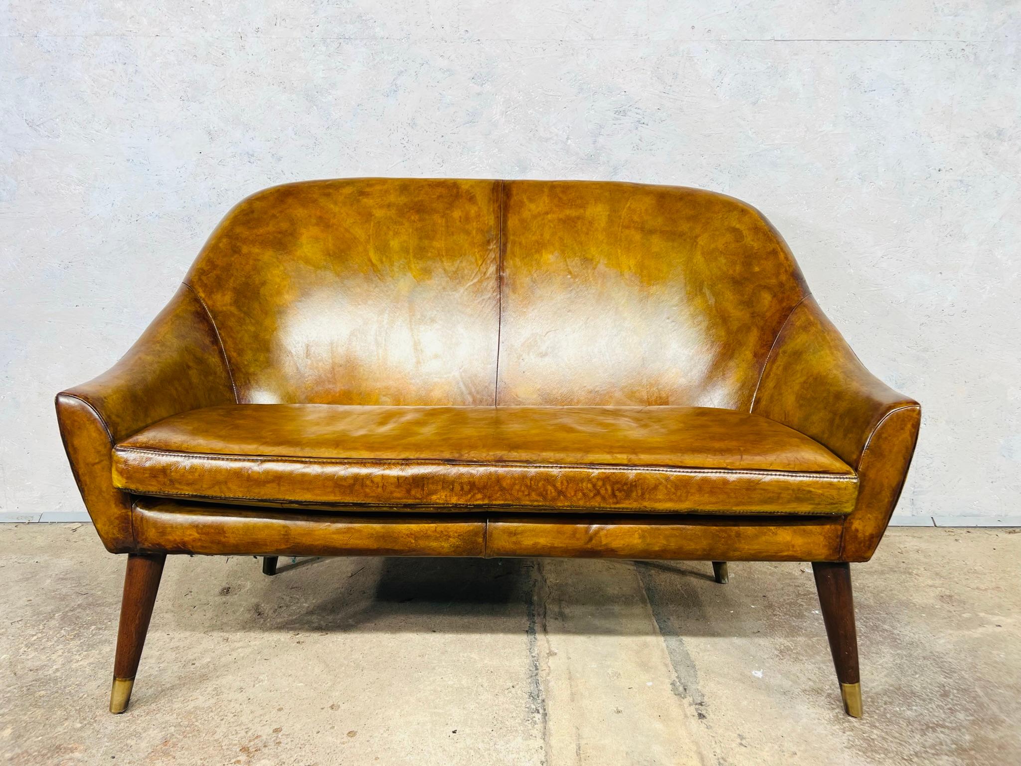 Stylish Neat Light Tan Leather Two Seater Sofa Mahogany Brass Capped Legs #604 For Sale