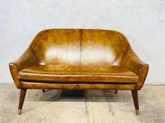 Retro Stylish Neat Light Tan Leather Two Seater Sofa Mahogany Brass Capped Legs #604