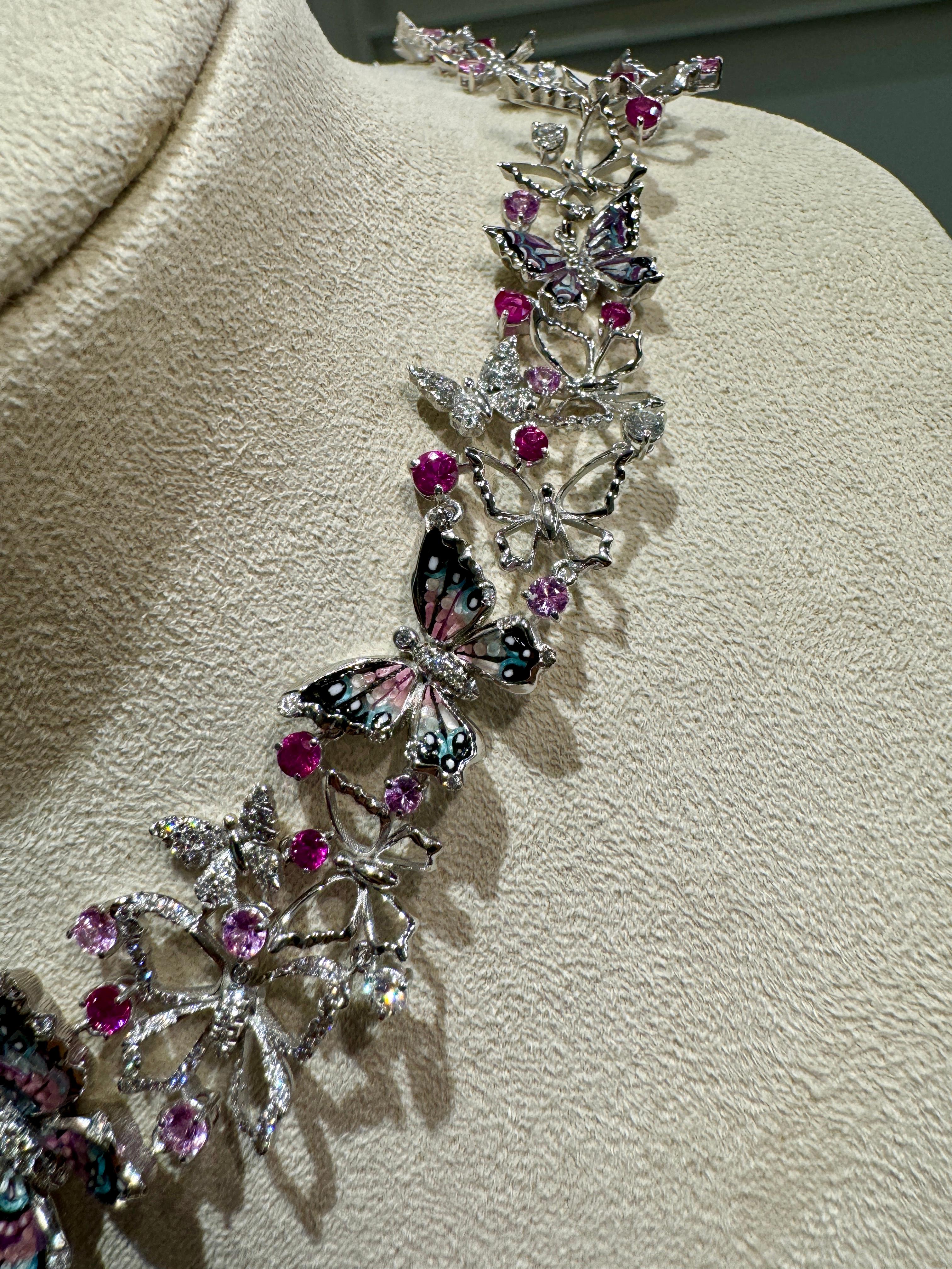 Round Cut Stylish Necklace in White Gold with White Diamonds, Sapphires and Micromosaic For Sale