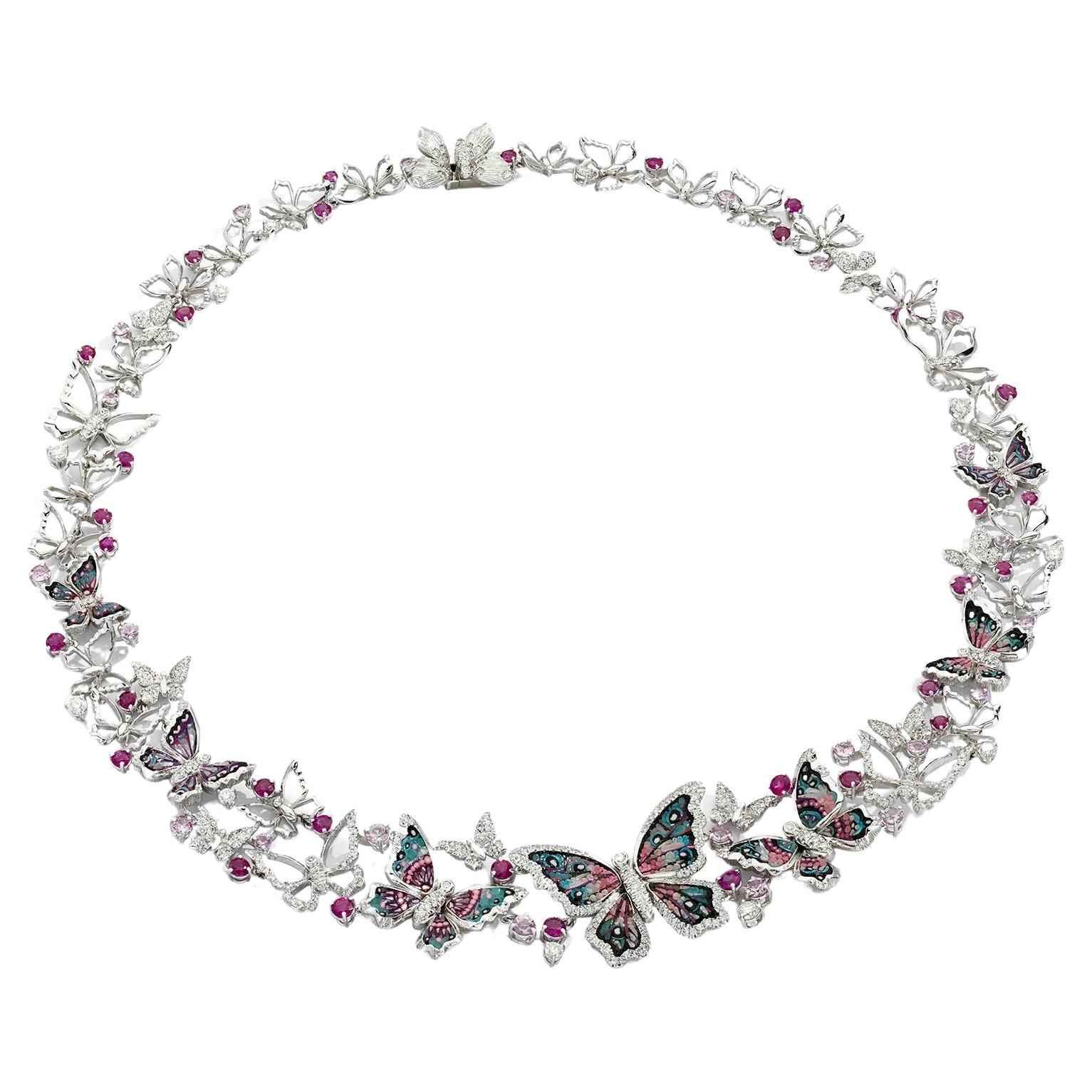 Stylish Necklace in White Gold with White Diamonds, Sapphires and Micromosaic