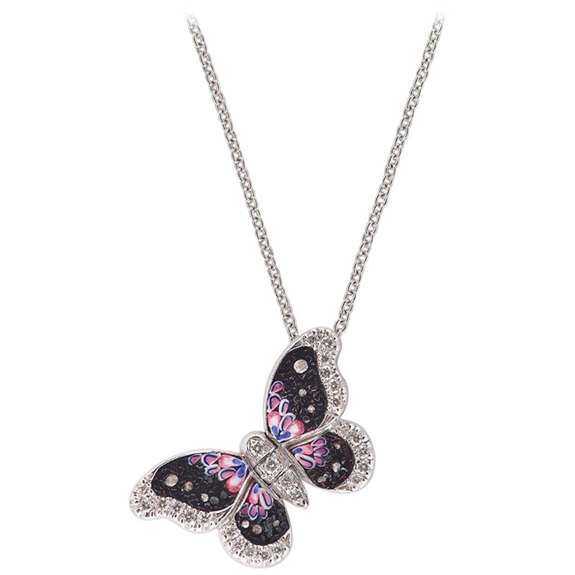 Stylish Necklace White Gold White Diamonds Hand Decorated with Micro Mosaic