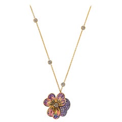 Stylish Necklace Yellow Gold White Diamonds Sapphires Hand Decorated MicroMosaic