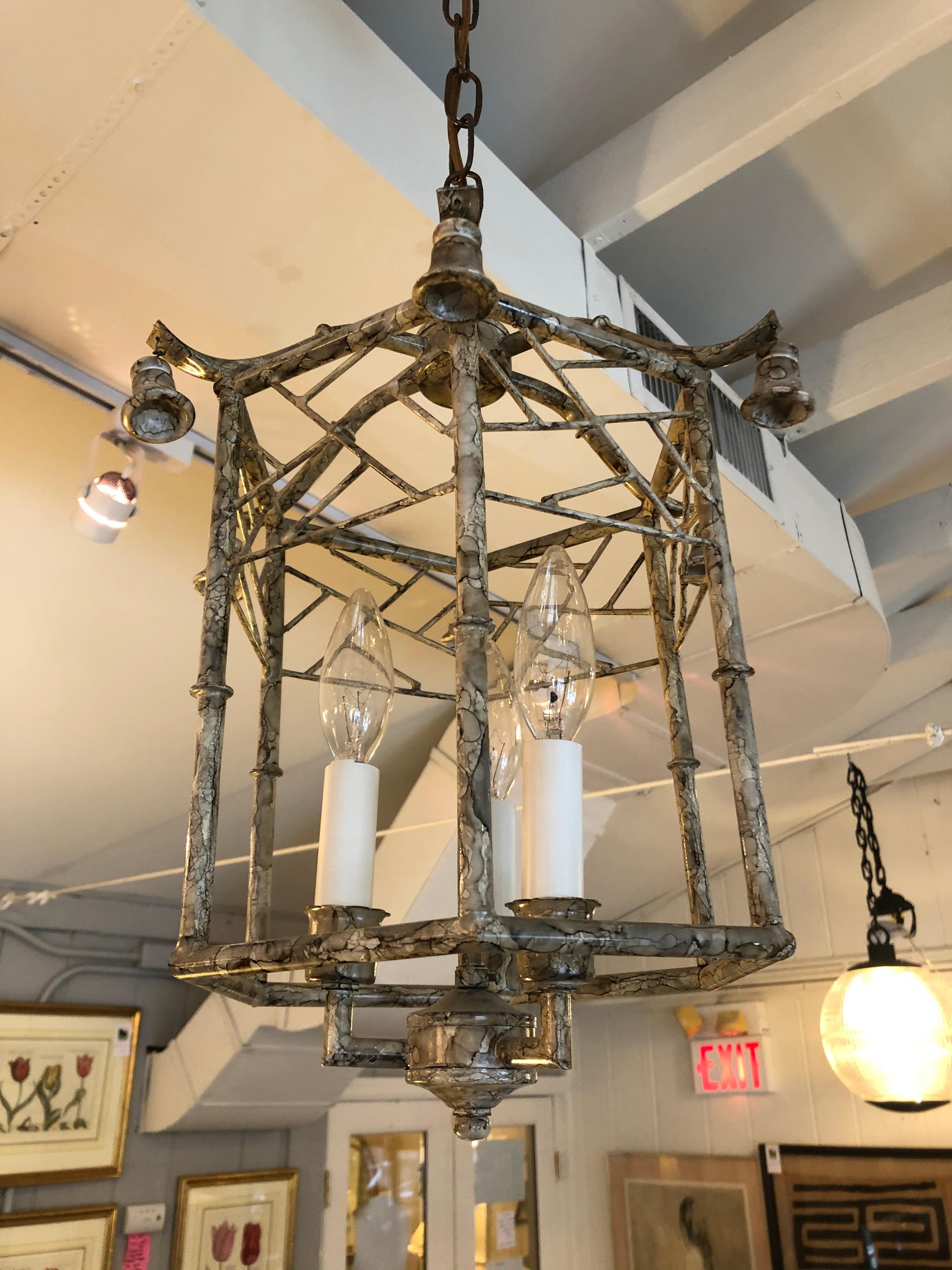 Hollywood Regency Stylish Pagoda Style Iron and Tole Lantern Pendant Chandelier For Sale