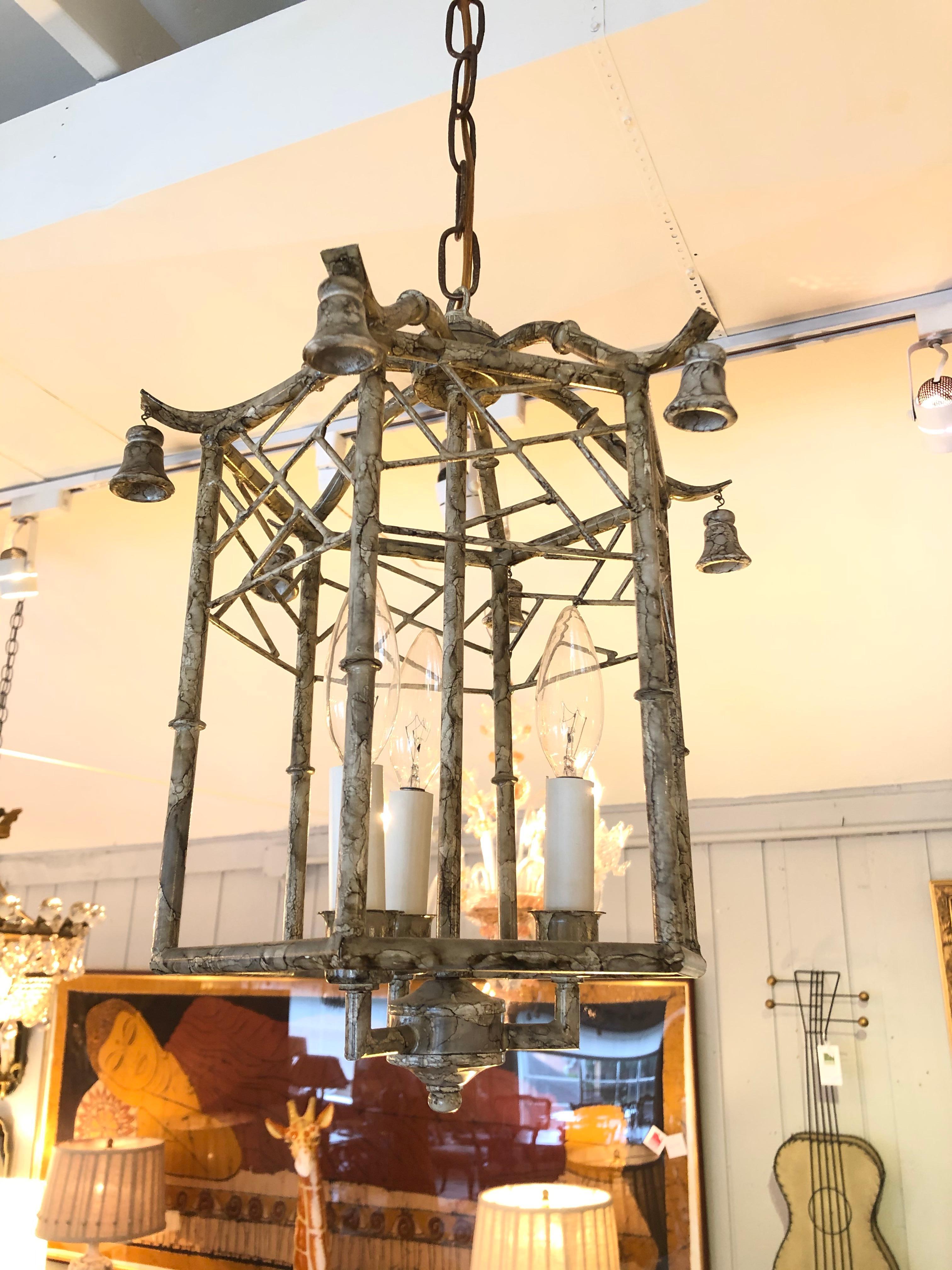 Stylish Pagoda Style Iron and Tole Lantern Pendant Chandelier In Excellent Condition For Sale In Hopewell, NJ