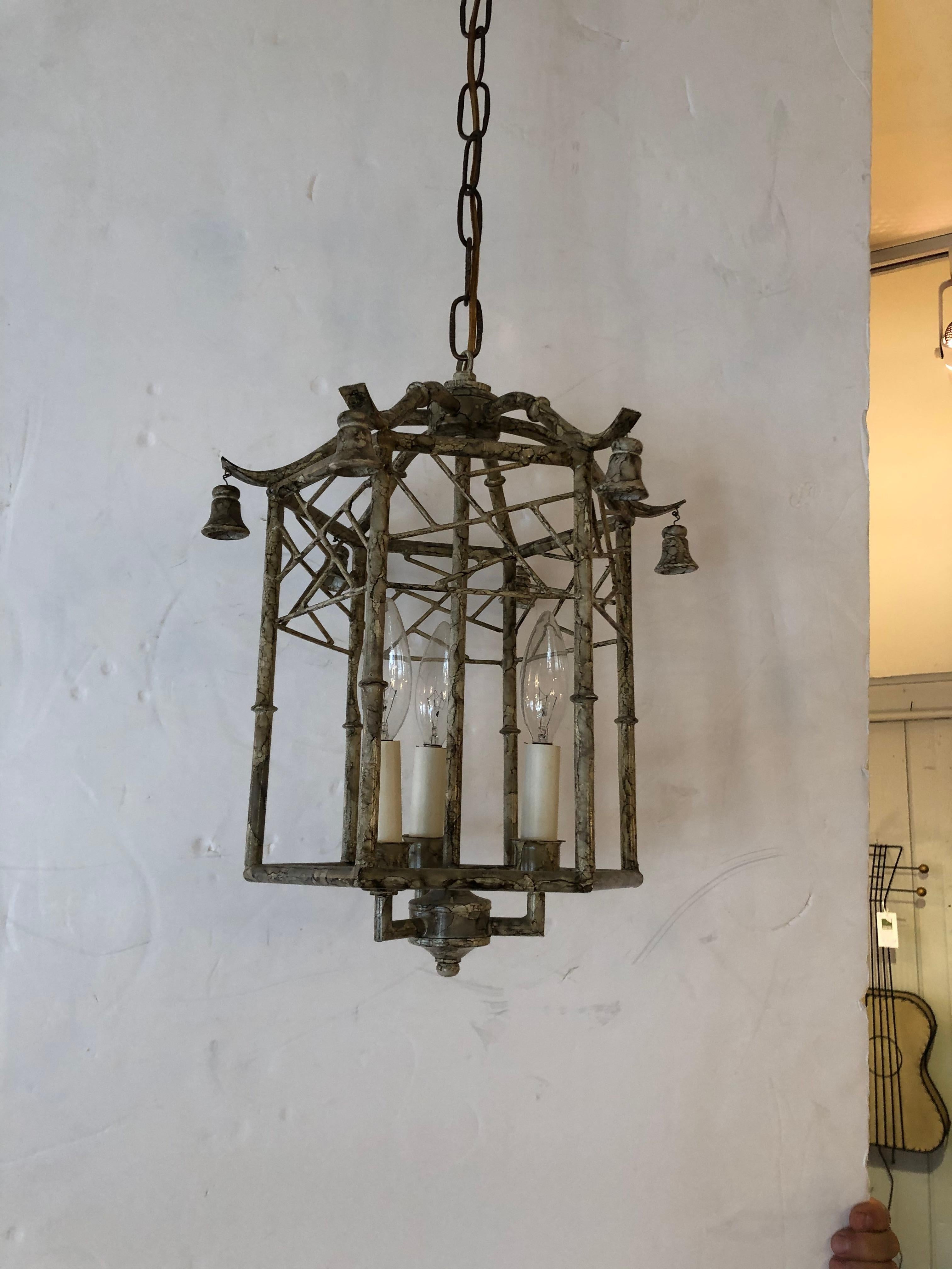 Mid-20th Century Stylish Pagoda Style Iron and Tole Lantern Pendant Chandelier For Sale