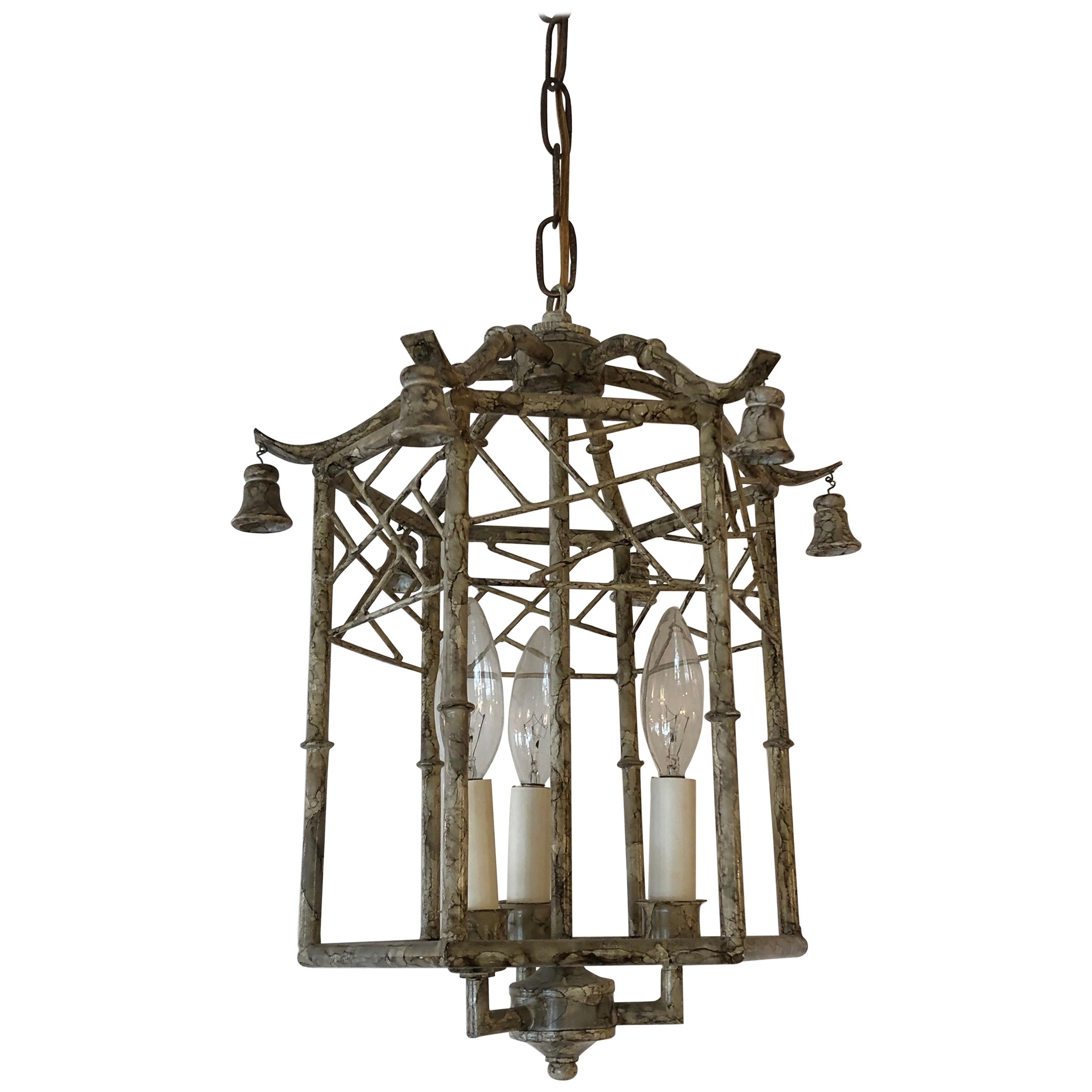 Stylish Pagoda Style Iron and Tole Lantern Pendant Chandelier For Sale