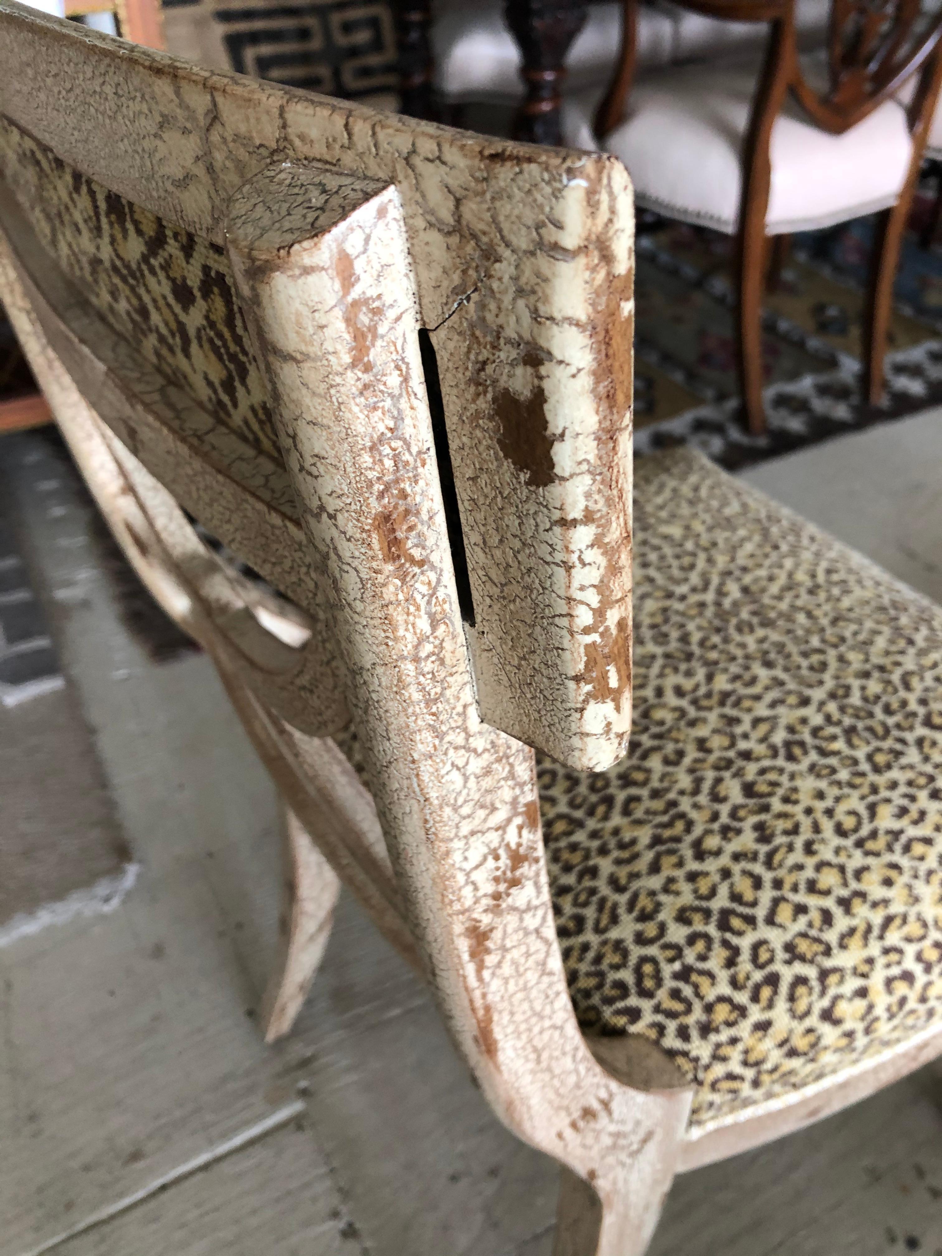 Stylish Painted Distressed Desk Chair with Faux Leopard Upholstery 4