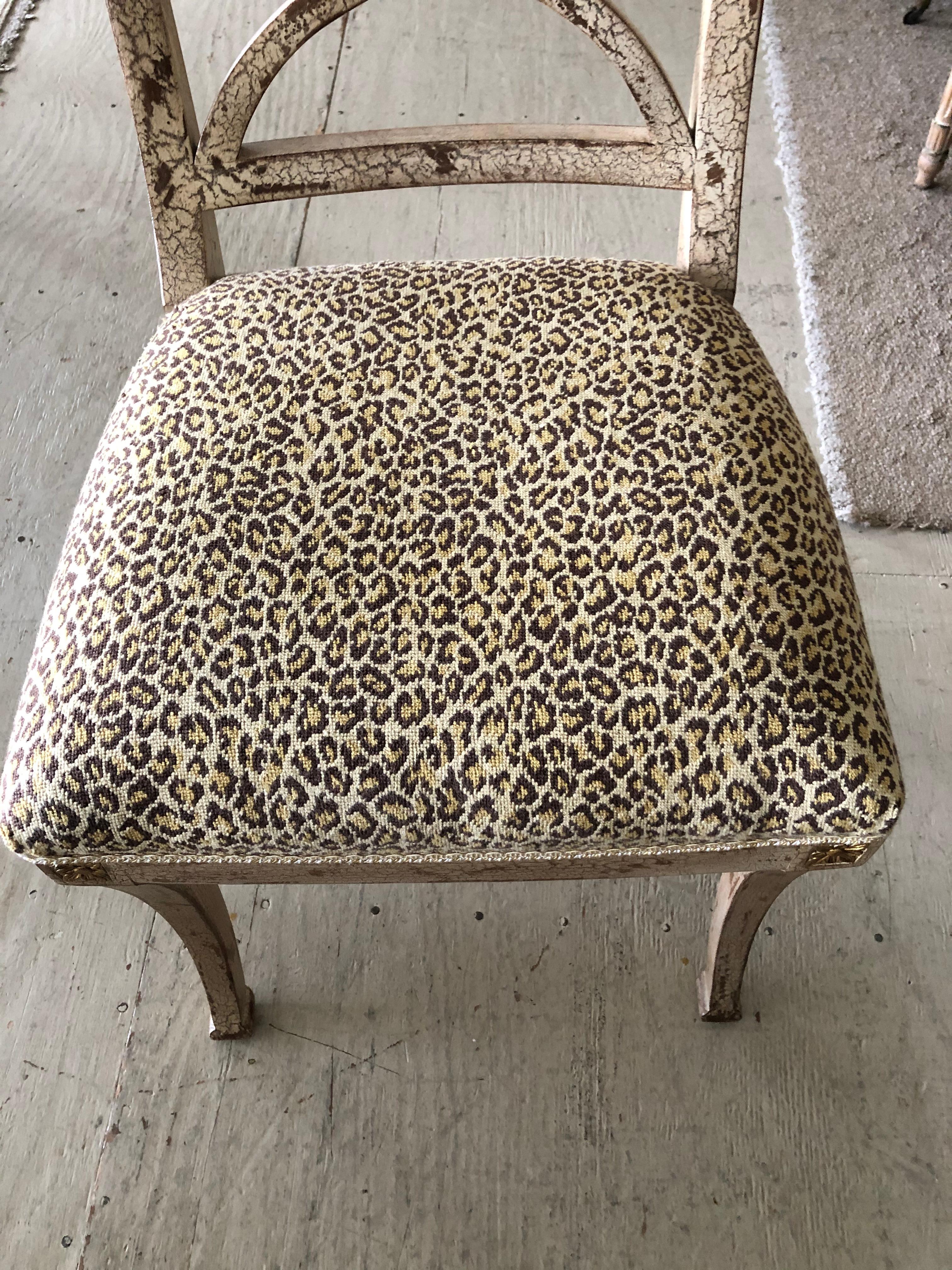 American Stylish Painted Distressed Desk Chair with Faux Leopard Upholstery