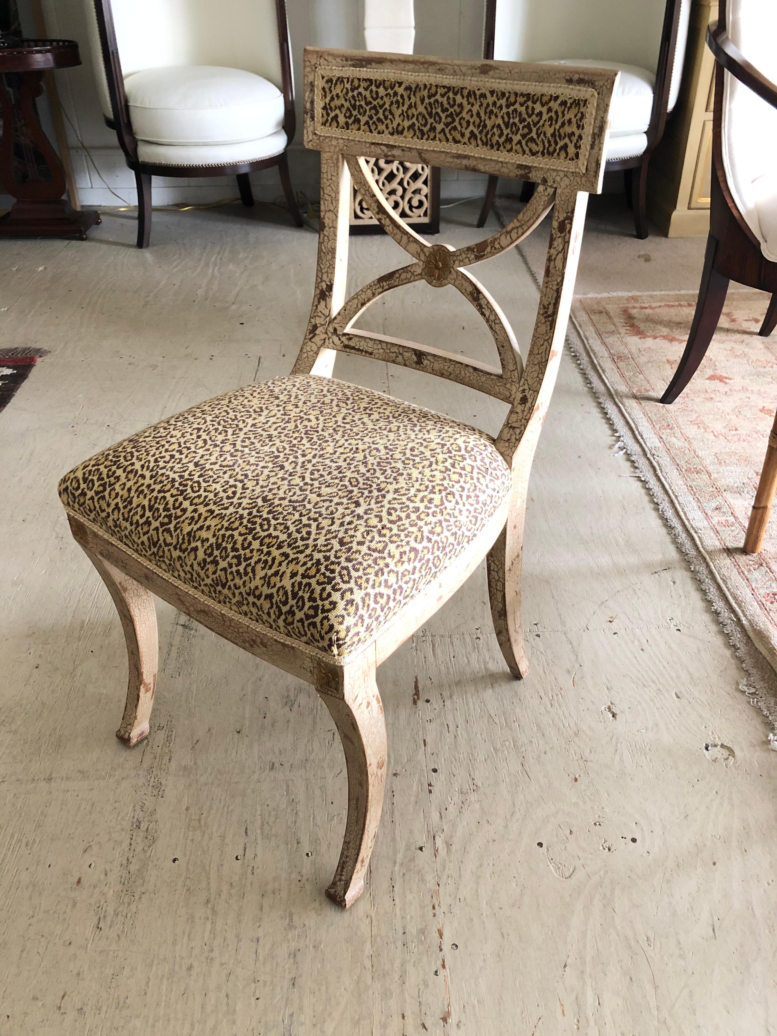 Contemporary Stylish Painted Distressed Desk Chair with Faux Leopard Upholstery