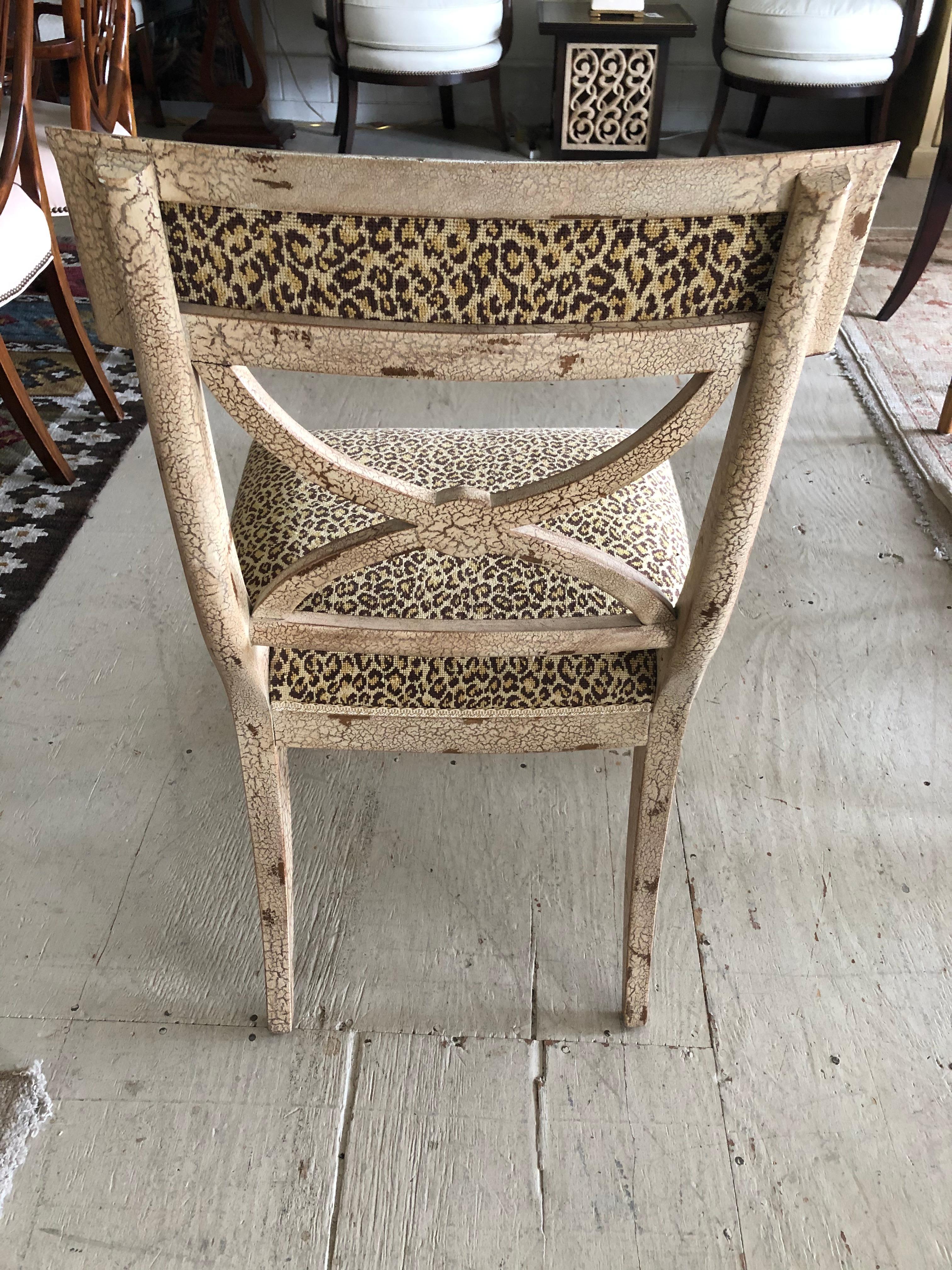 Stylish Painted Distressed Desk Chair with Faux Leopard Upholstery 2
