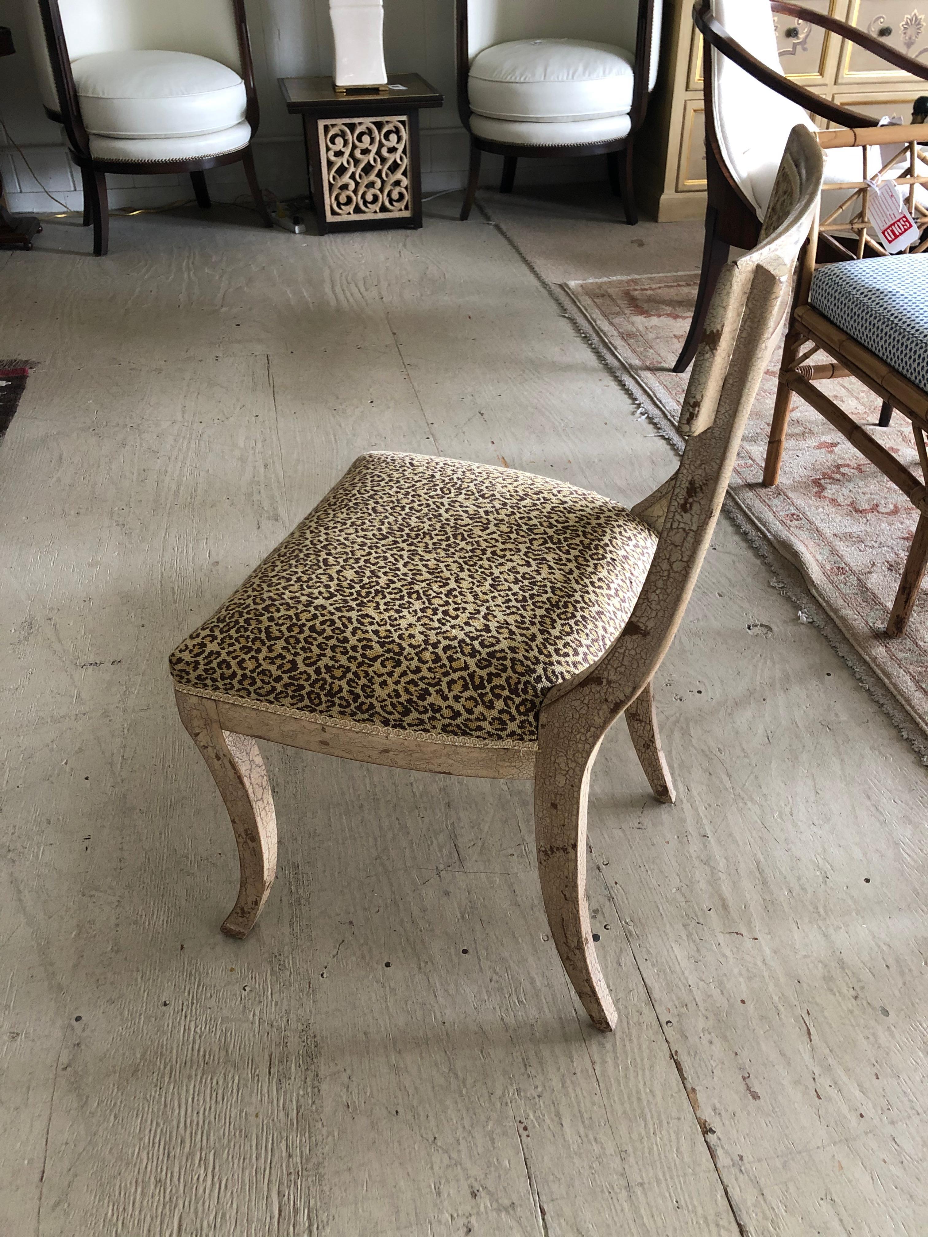 Stylish Painted Distressed Desk Chair with Faux Leopard Upholstery 3