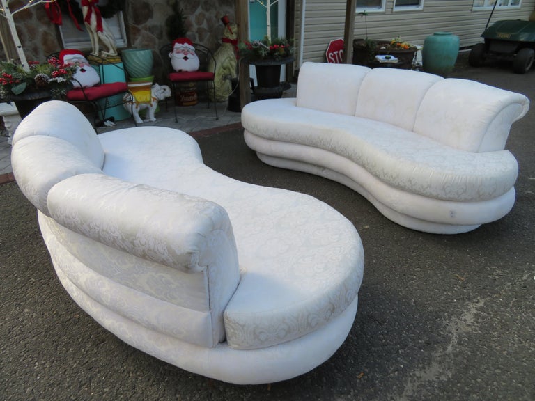 Fantastic pair of Adrian Pearsall for Comfort Designs curved kidney-shaped sofas. Sofas retain their original upholstery in fair condition, they need new upholstery. They measure 30