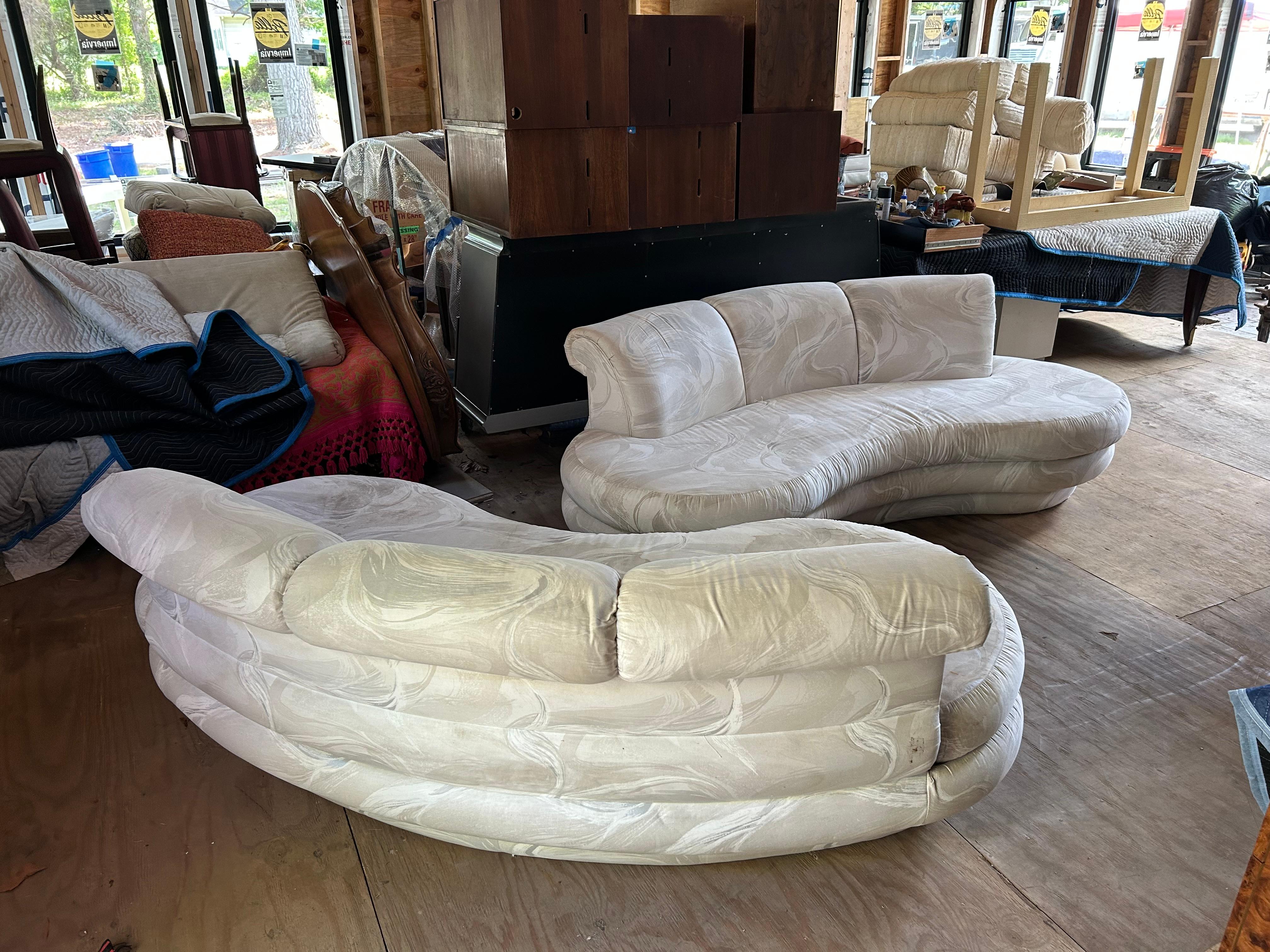 Fantastic pair of Adrian Pearsall for Comfort Designs curved kidney-shaped sofas. Sofas retain their original upholstery in fair condition, they need new upholstery. They measure 30