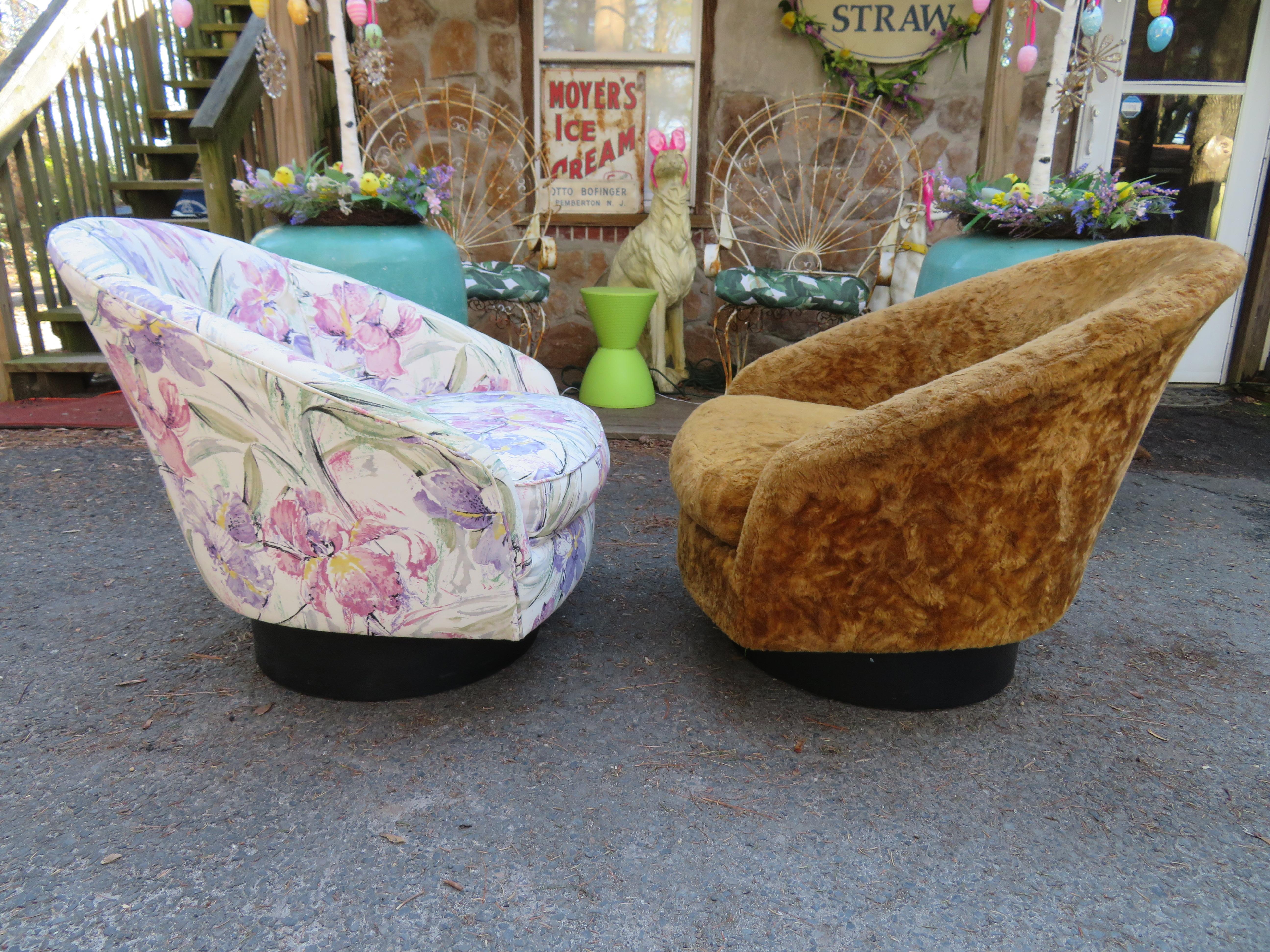 A stylish pair all original barrel back lounge chairs by Adrian Pearsall for Craft Associates, circa 1960s. Of-course these will need to be re-upholstered but that's what you designers are looking for anyway-right? We love the swivel reclining bases