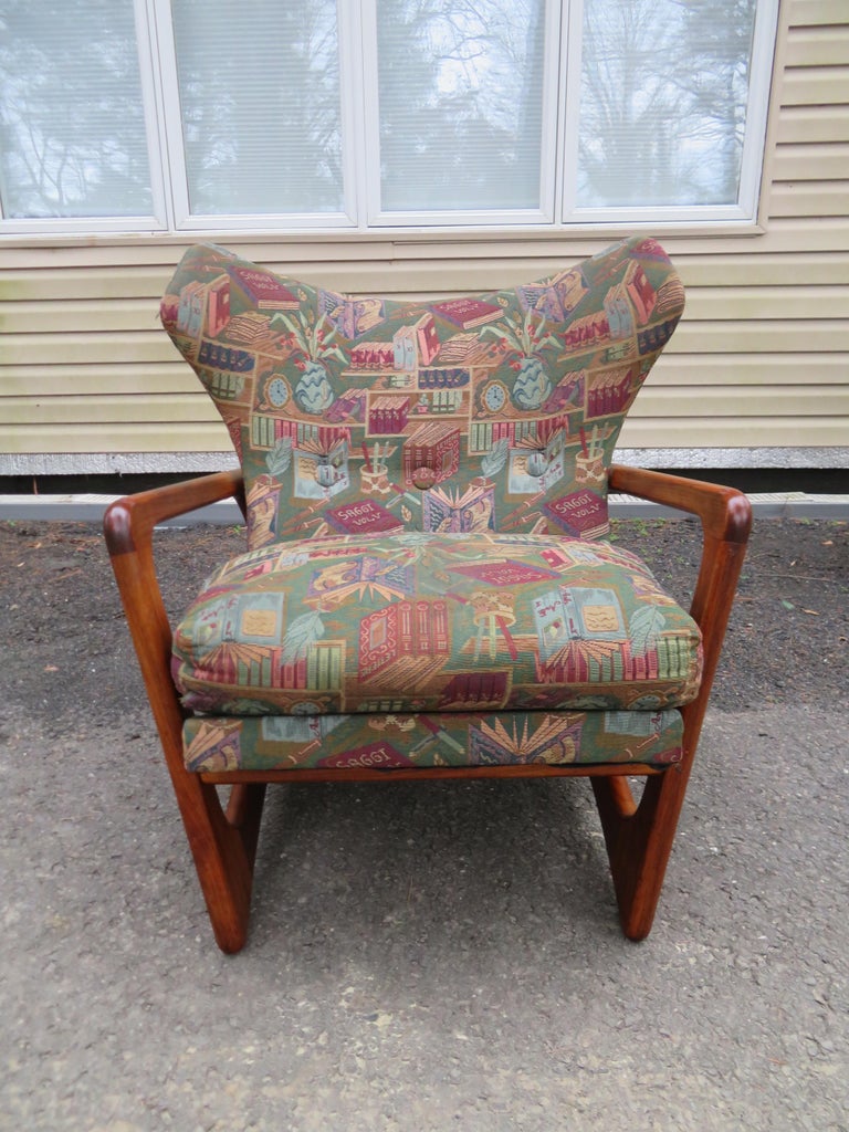 Upholstery Stylish Pair Adrian Pearsall Unique Wing Back Chair Sculpted Walnut Midcentury For Sale