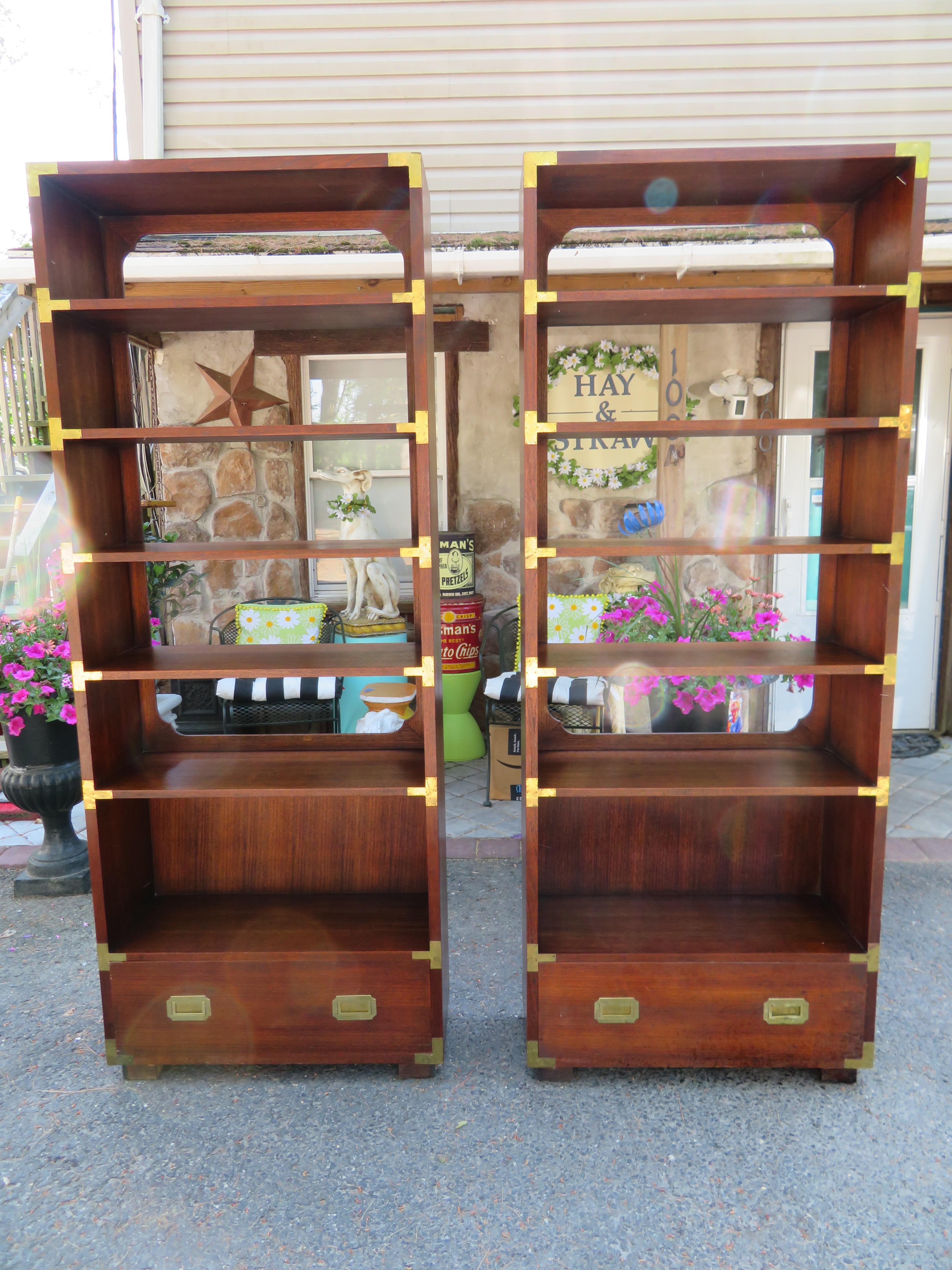 Stylish Pair Dixie Campaign Style Walnut Bookcase Etagere Shelves Mid-Century  7