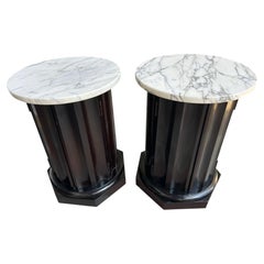 Elegante Pareja Ebonizado Columna Acanalada Pedastal Mesa Auxiliar Armario Tapa de Mármol