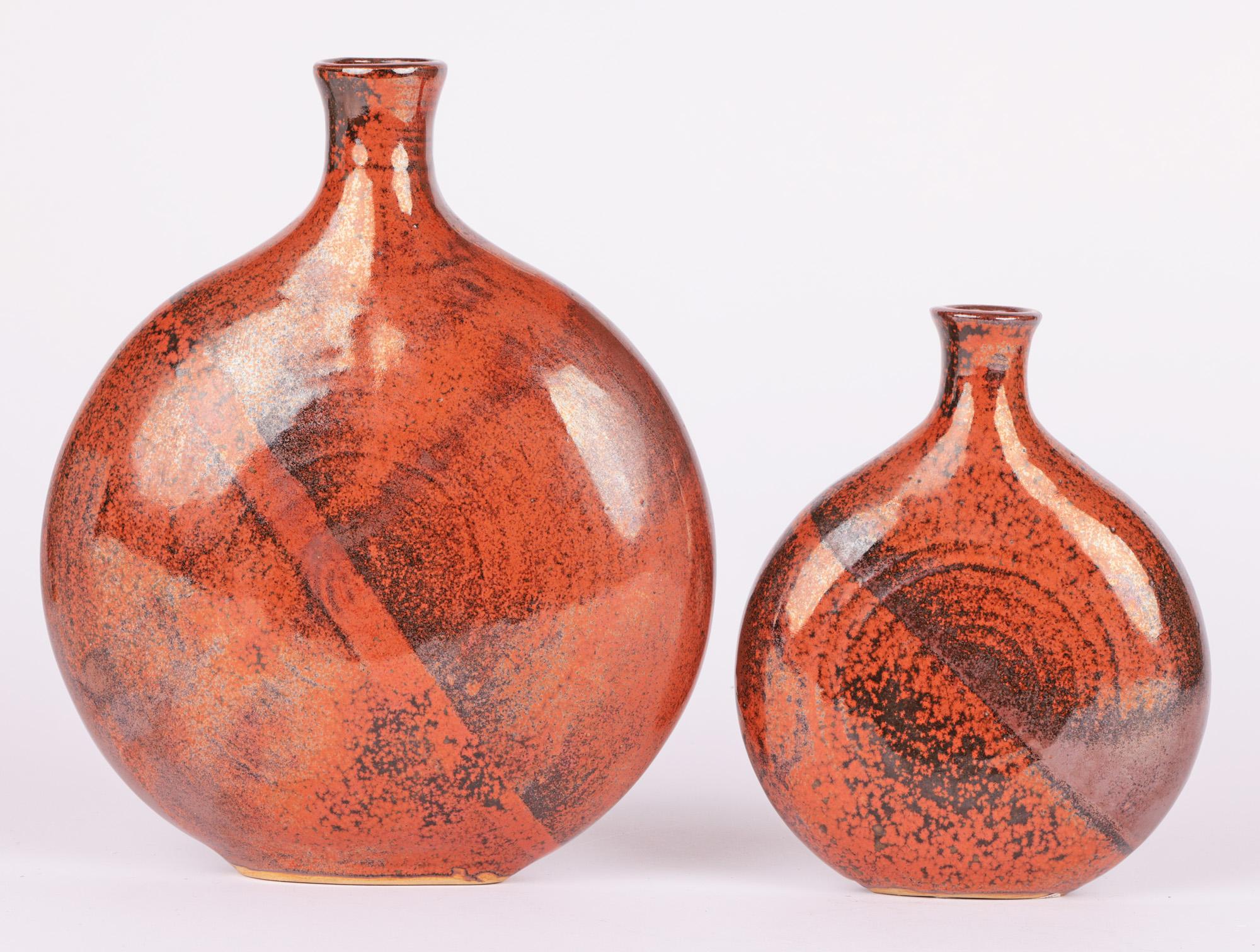 Stylish Pair Graduated Brown Glazed Studio Pottery Moon Vases For Sale 3