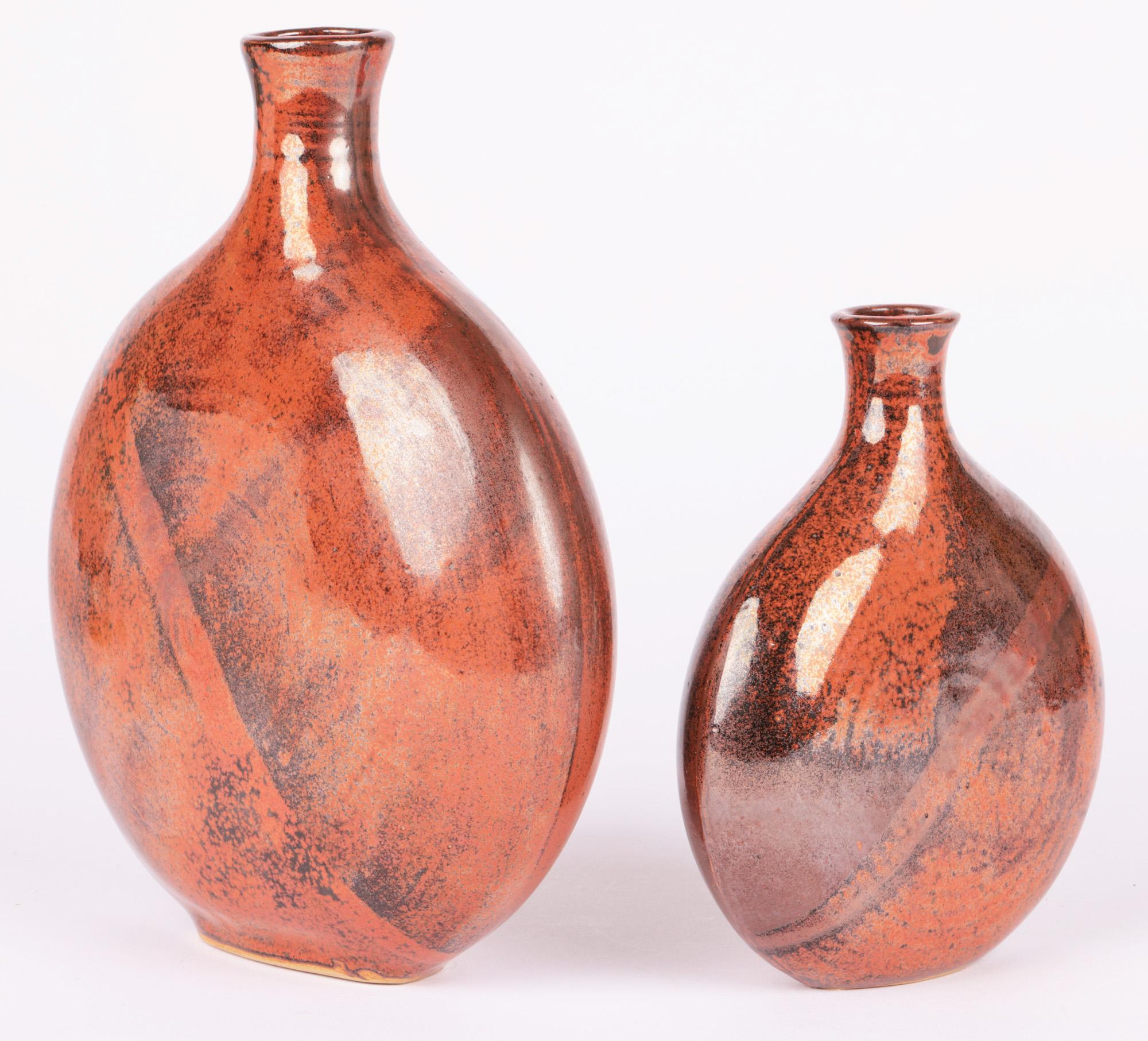 Stylish Pair Graduated Brown Glazed Studio Pottery Moon Vases For Sale 9