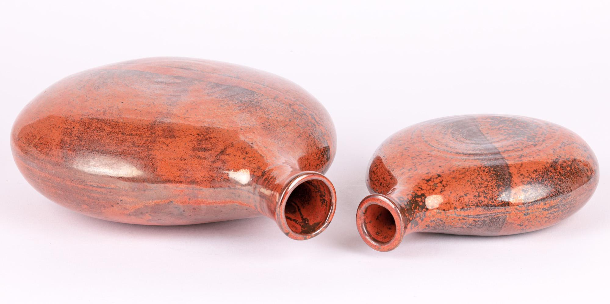 20th Century Stylish Pair Graduated Brown Glazed Studio Pottery Moon Vases For Sale