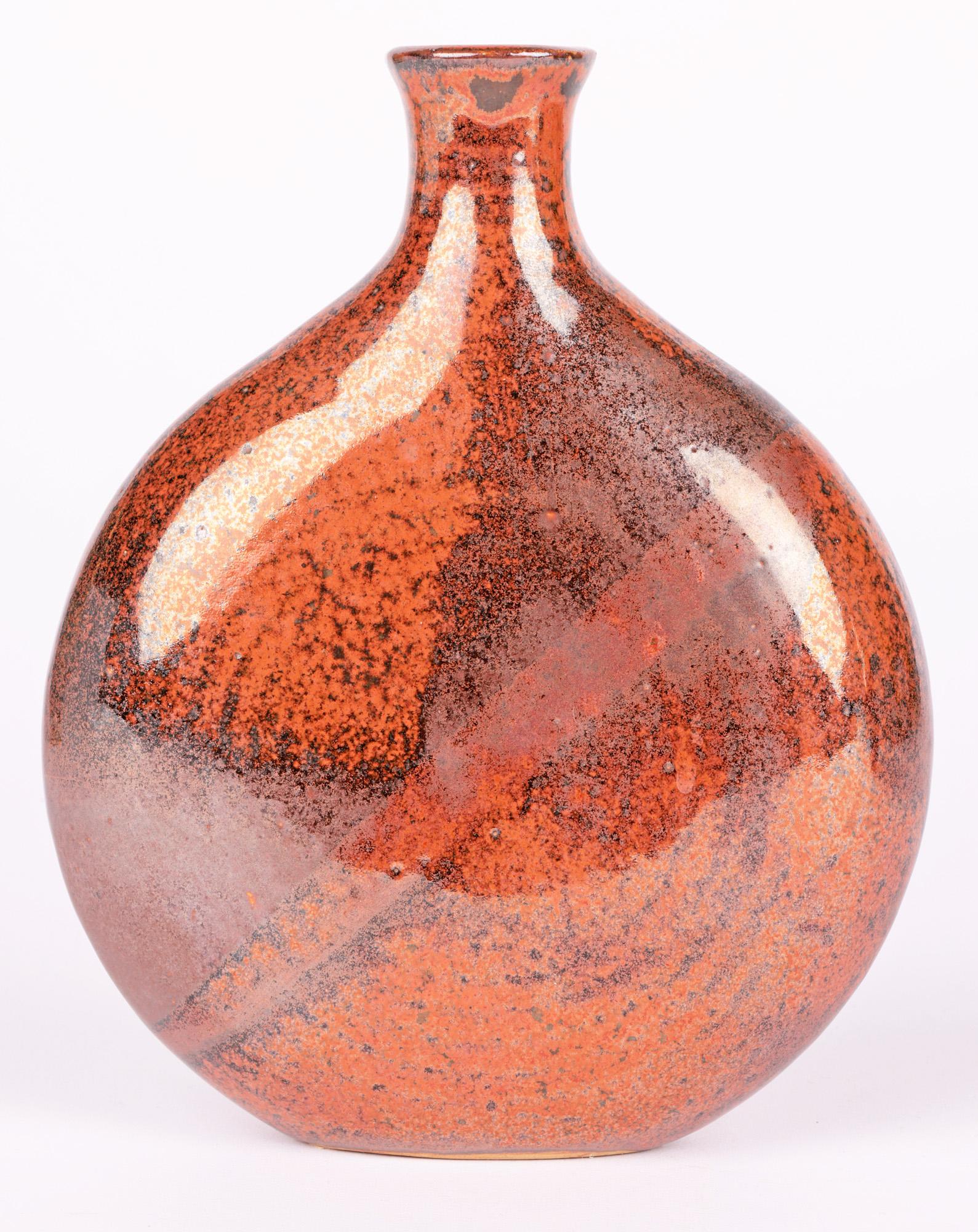 Stoneware Stylish Pair Graduated Brown Glazed Studio Pottery Moon Vases For Sale