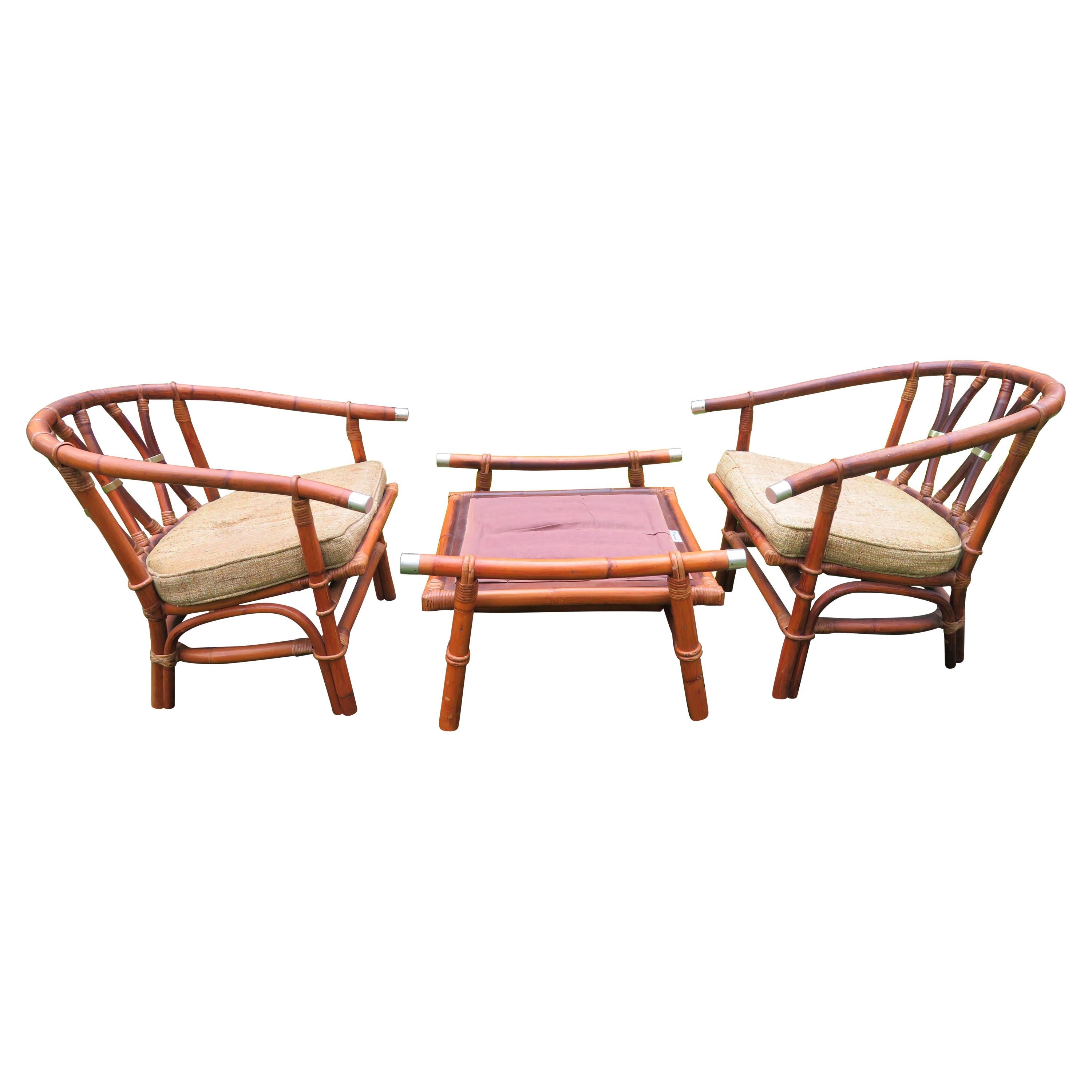 Stylish Pair John Wisner Far Horizion Horseshoe Back Rattan Chairs Ottoman