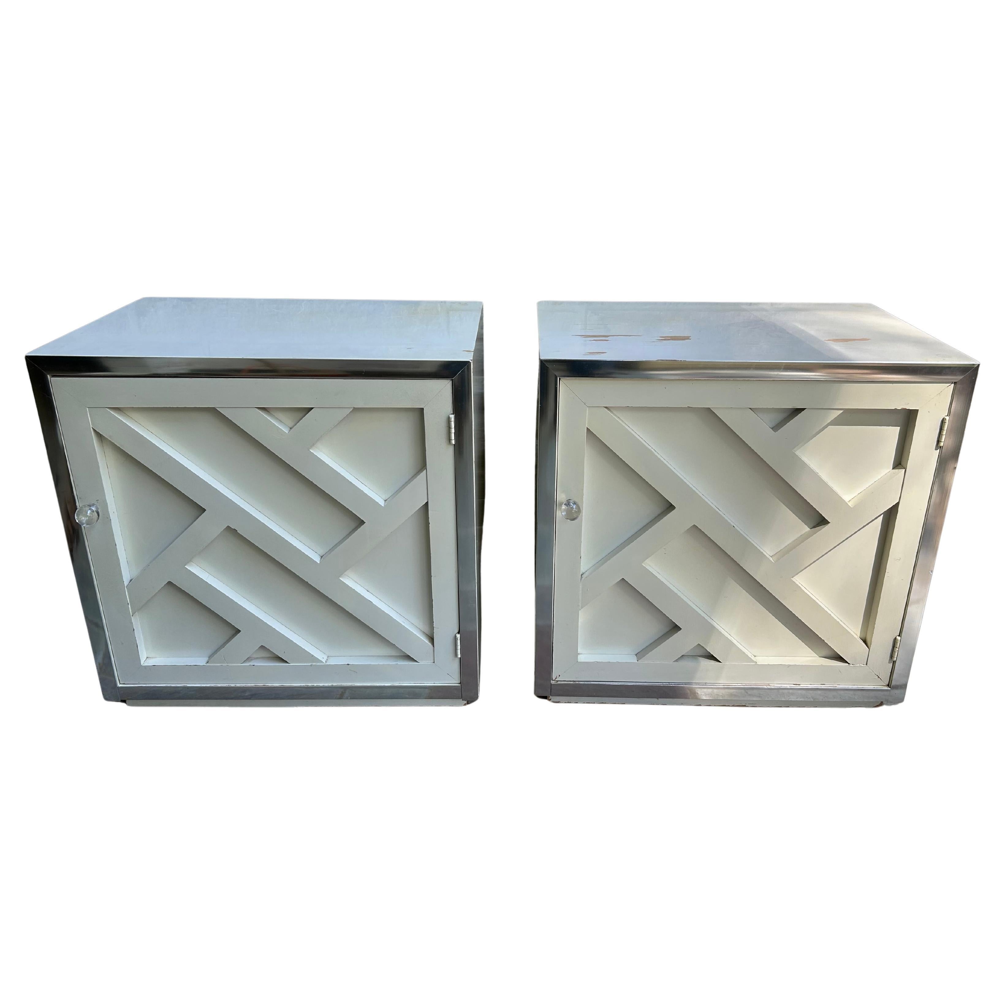 Stylish Pair Lattice Front Chrome Lacquered Night Stands Mid-century Modern