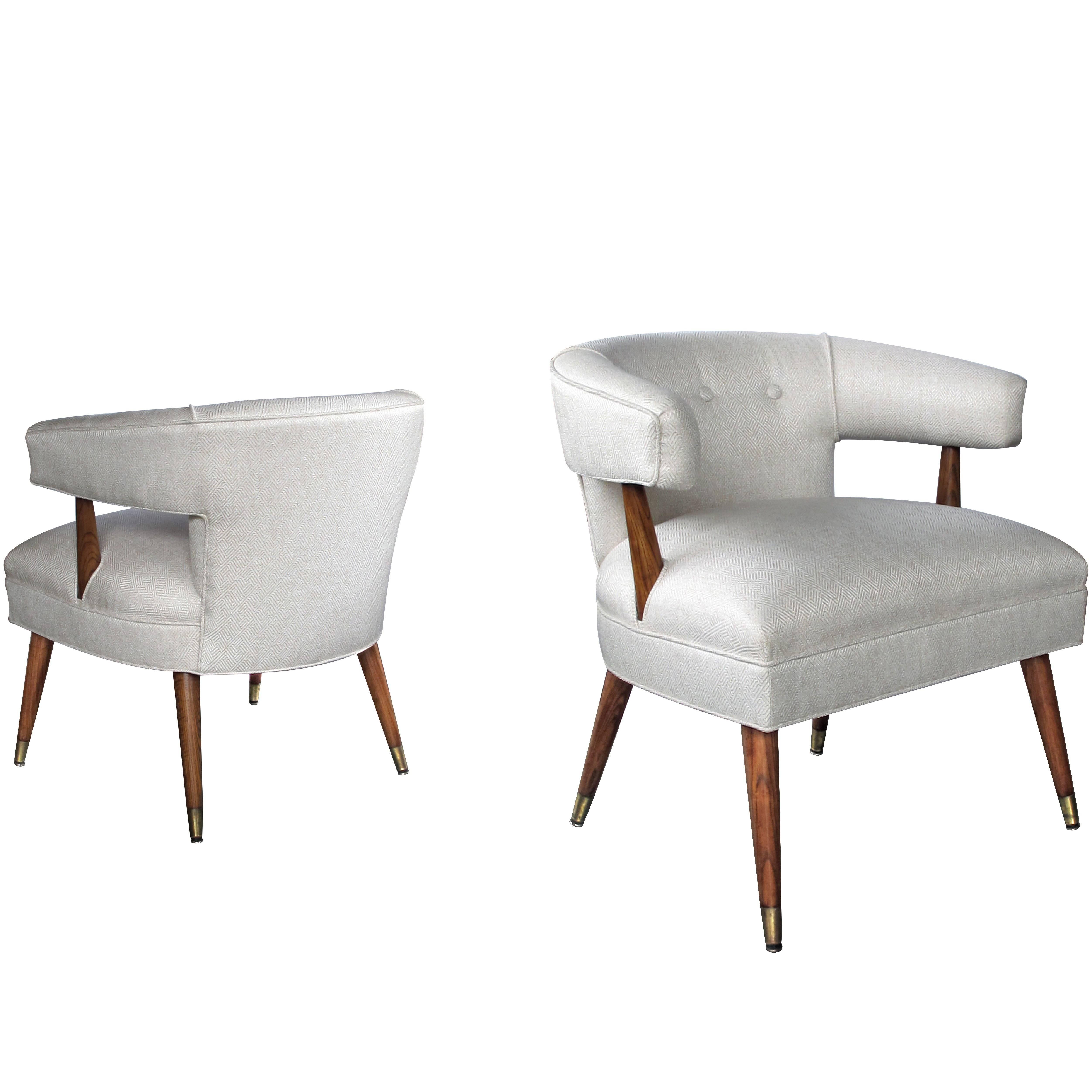 Stylish Pair of American Mid Century Barrel-Back Upholstered Armchairs