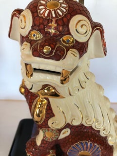 Stylish Pair of Asian Foo Dog Table Lamps on Waterfall Black Lacquer Stands