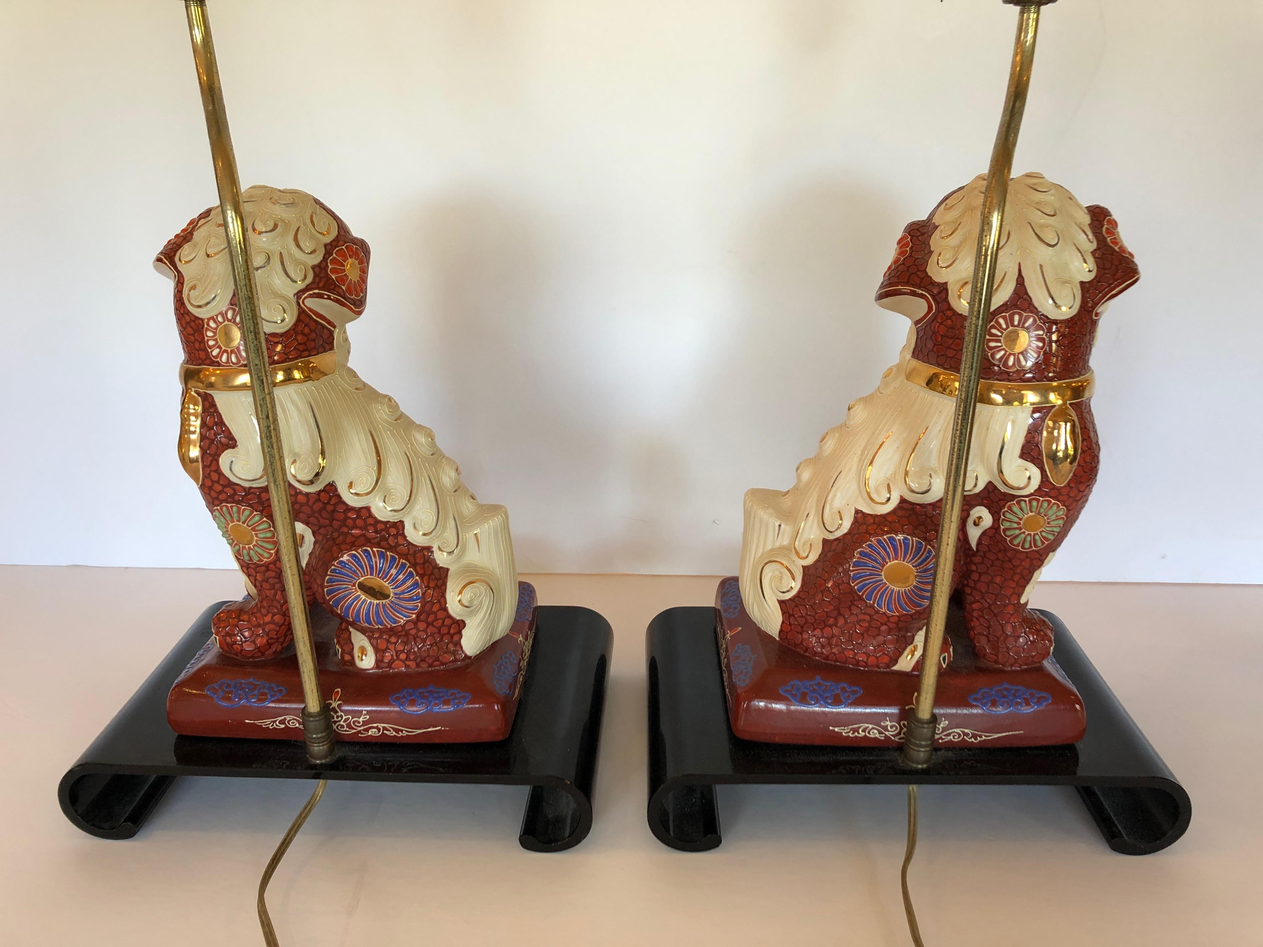 Stylish Pair of Asian Foo Dog Table Lamps on Waterfall Black Lacquer Stands 2