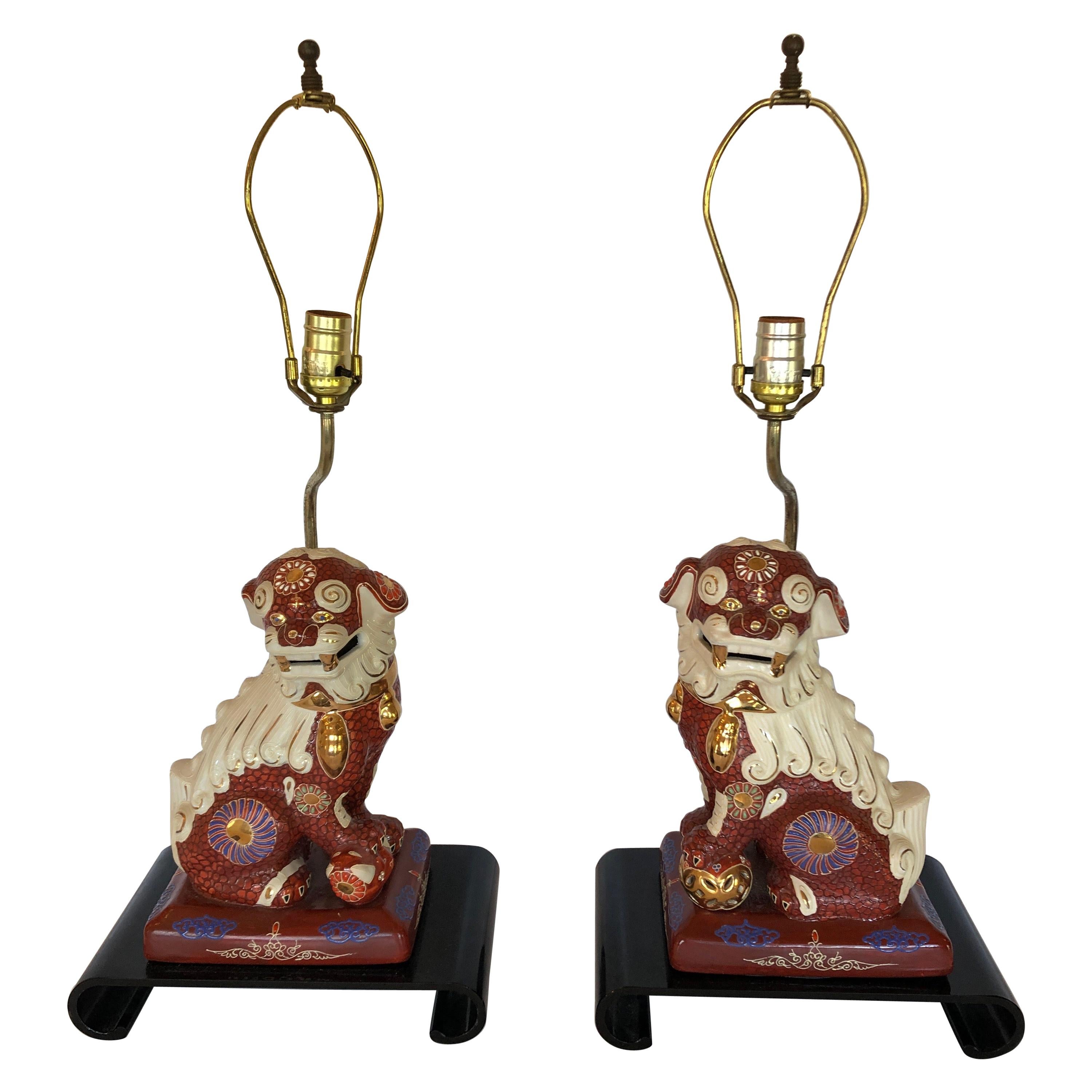 Stylish Pair of Asian Foo Dog Table Lamps on Waterfall Black Lacquer Stands