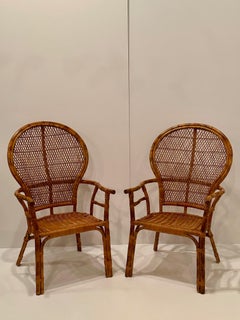 Stylish Pair of Bamboo & Rattan Fan Back Arm Chairs