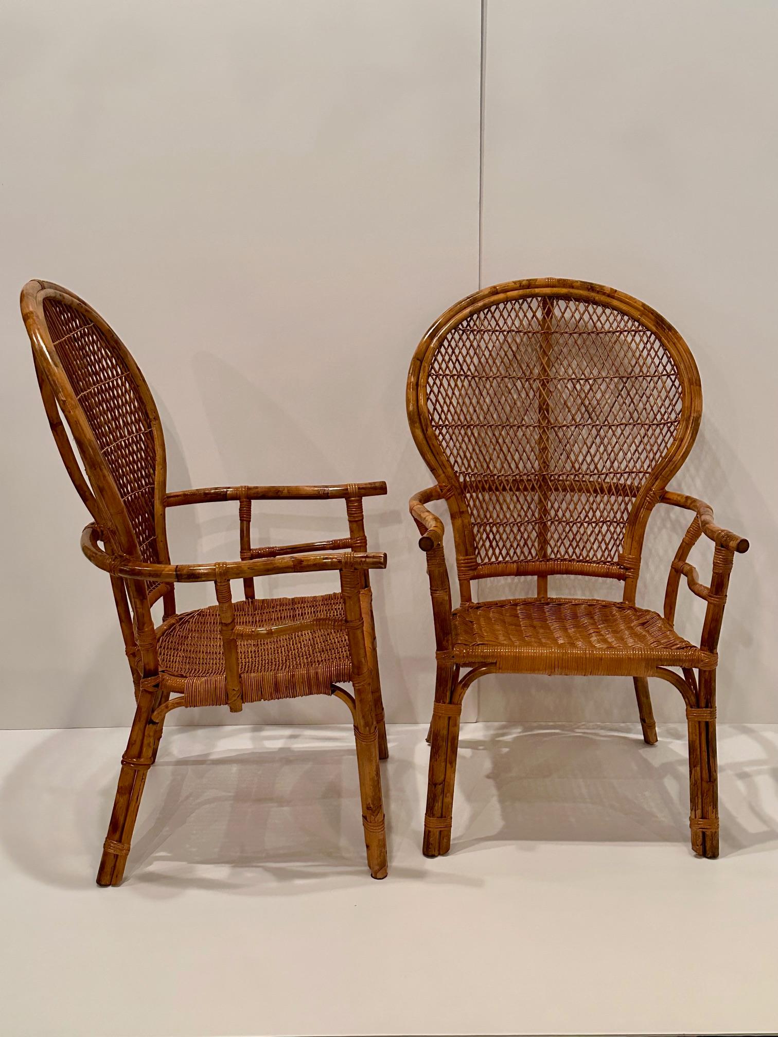 Fin du 20e siècle Paire de chaises à dossier en éventail en bambou et en rotin en vente