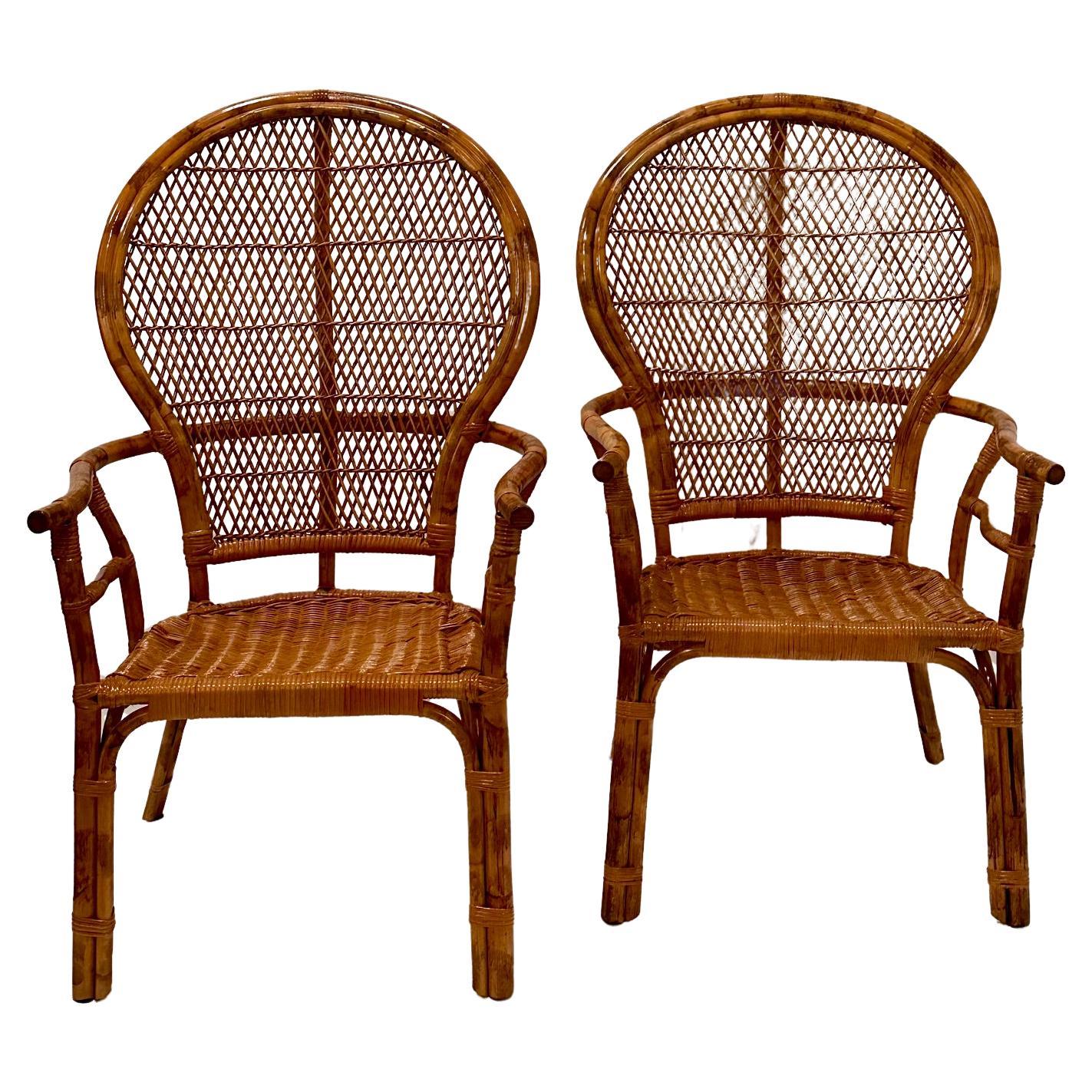 Stylish Pair of Bamboo & Rattan Fan Back Arm Chairs