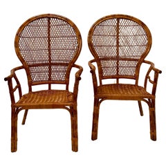 Stylish Pair of Bamboo & Rattan Fan Back Arm Chairs