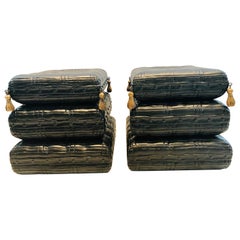 Stylish Pair of Carved Wooden Trompe L'oeil Stacked Pillow Benches