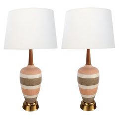 Vintage Stylish Pair of Danish Modern Coral, Brown and Ivory Salt-glazed Lamps