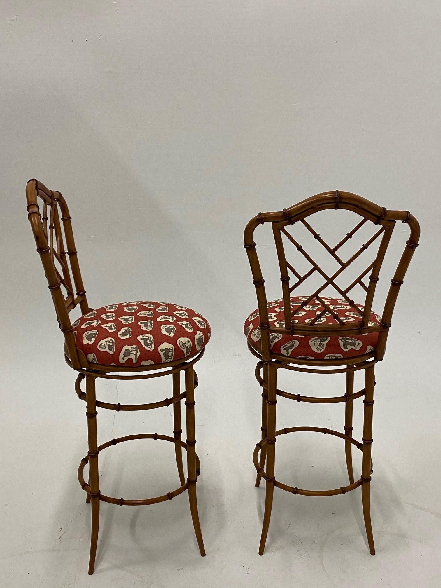 Late 20th Century Stylish Pair of Faux Bamboo Swivel Counter Stools