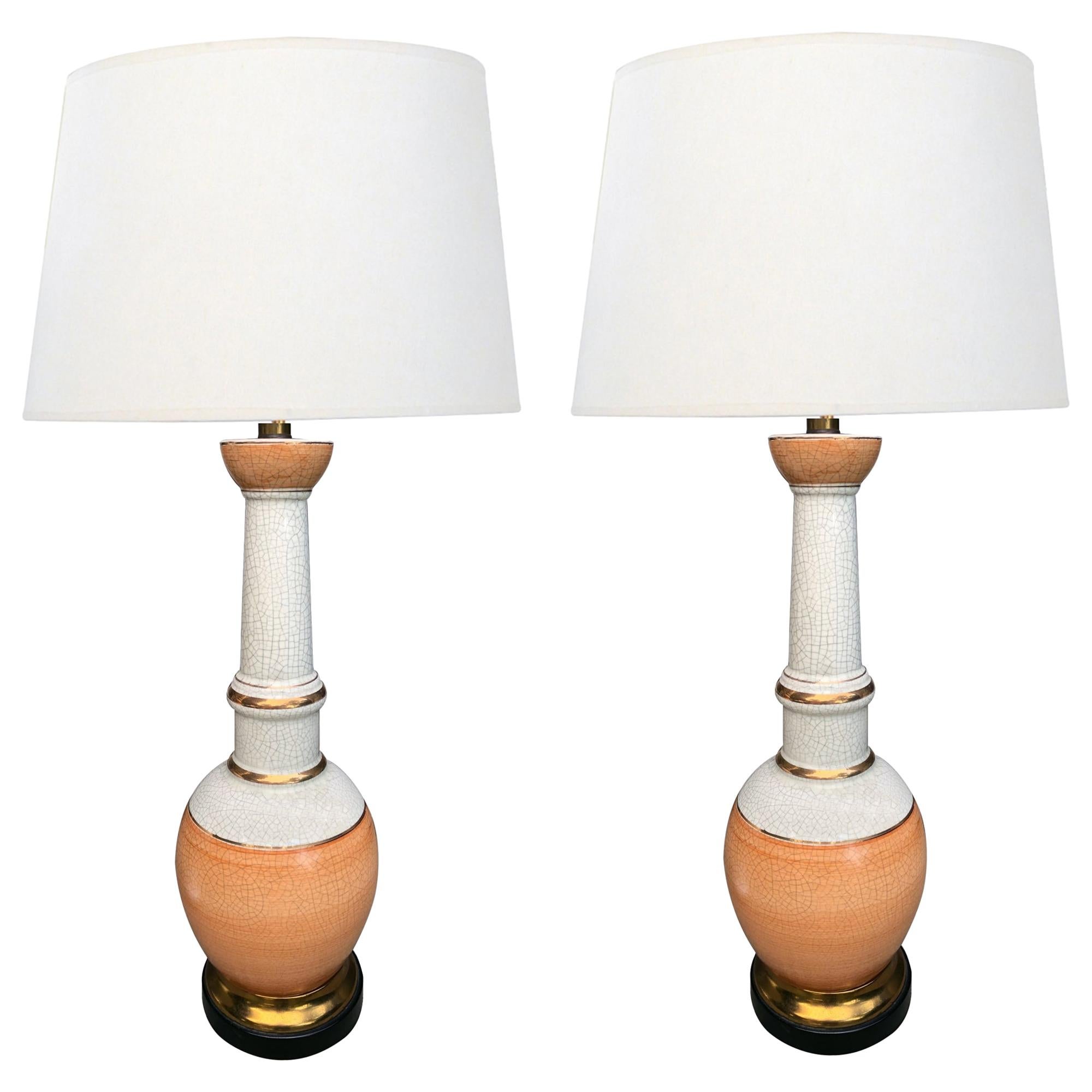 Stylish Pair of Frederick Cooper 1960s Peach and White Crackle-Glaze Lamps
