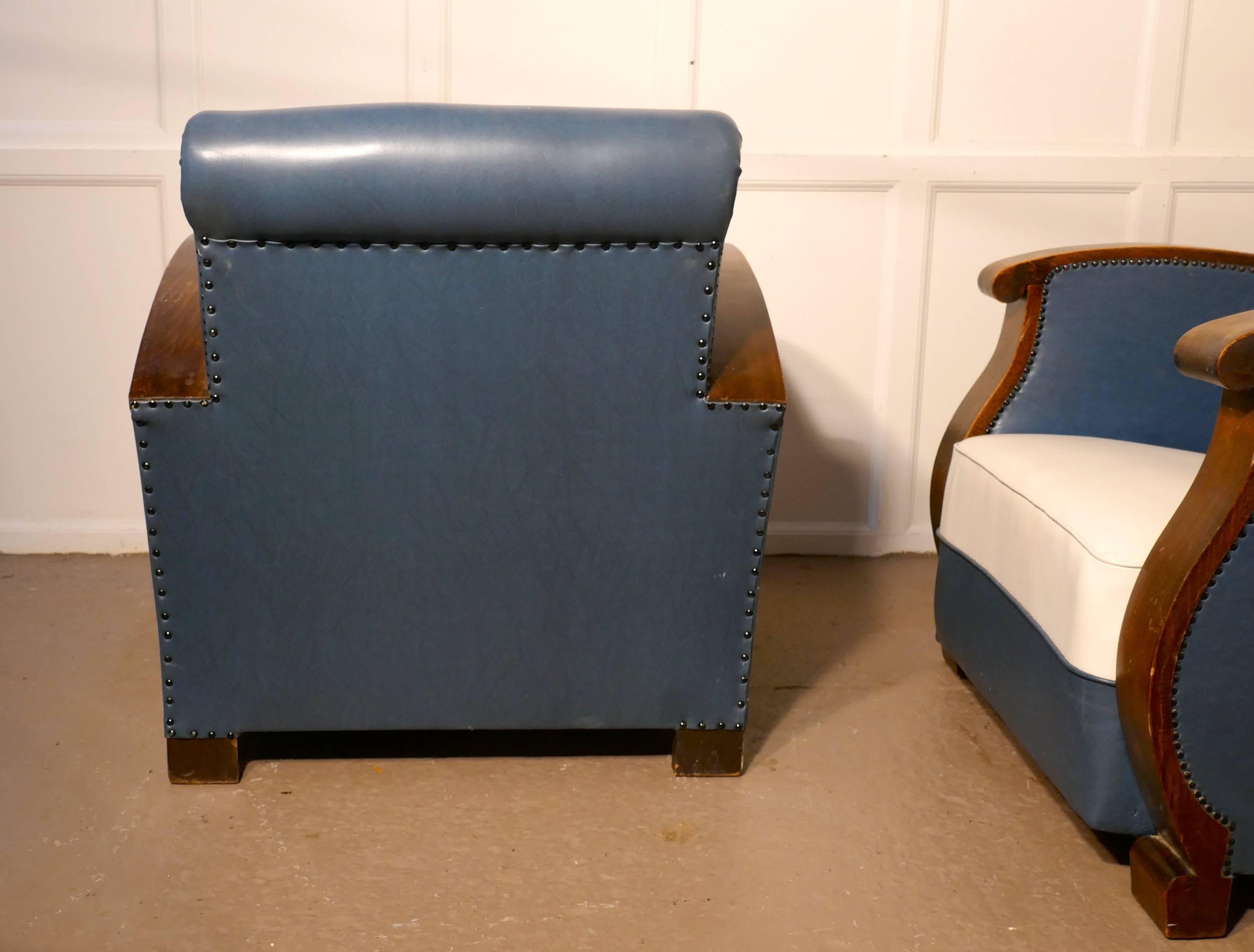 Stylish Pair of French Faux Leather Art Deco Club Armchairs with Walnut Armrest In Good Condition In Chillerton, Isle of Wight